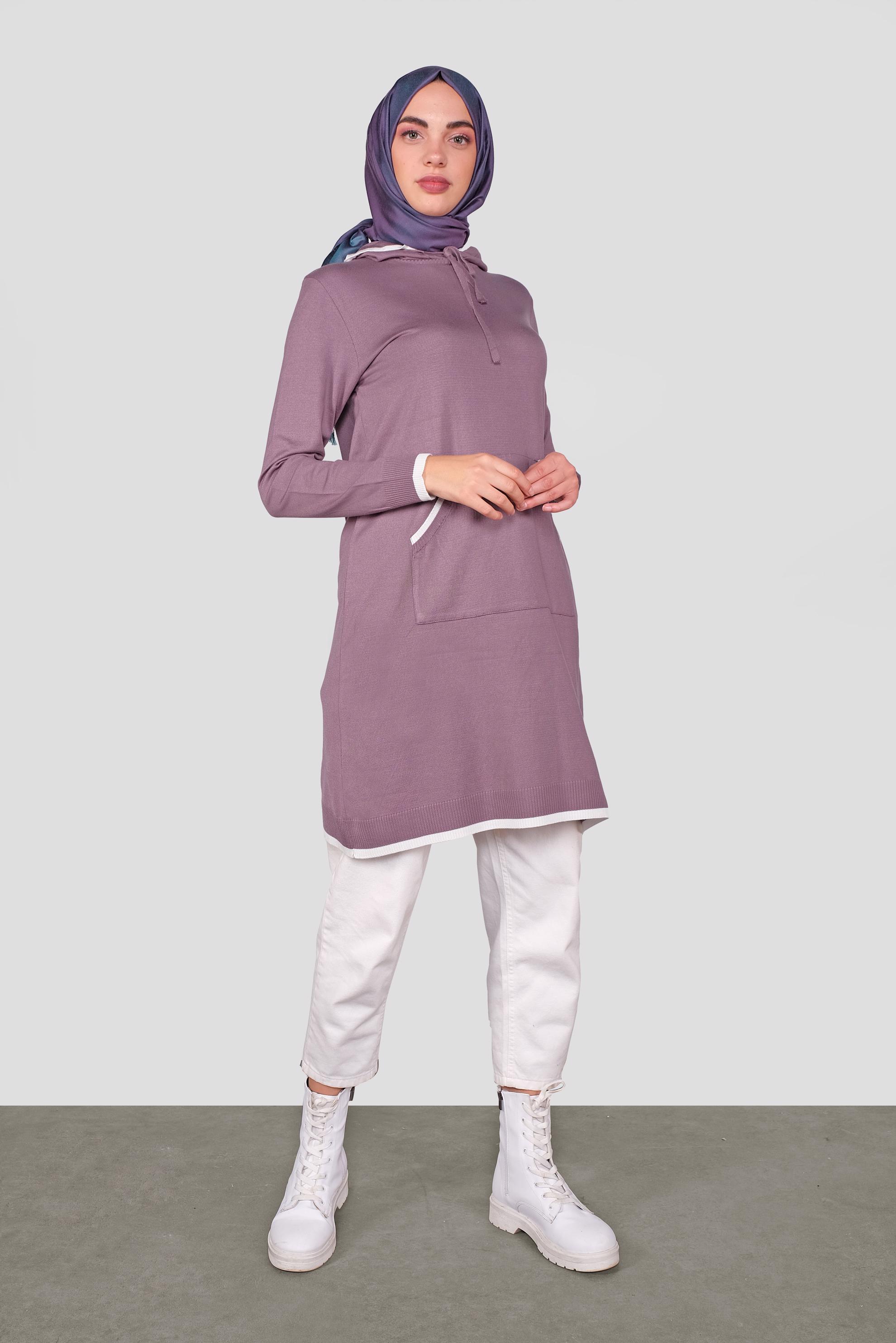 Tesettür giyim MOR CEPLİ KAPÜŞONLU TRİKO TUNİK 41061 