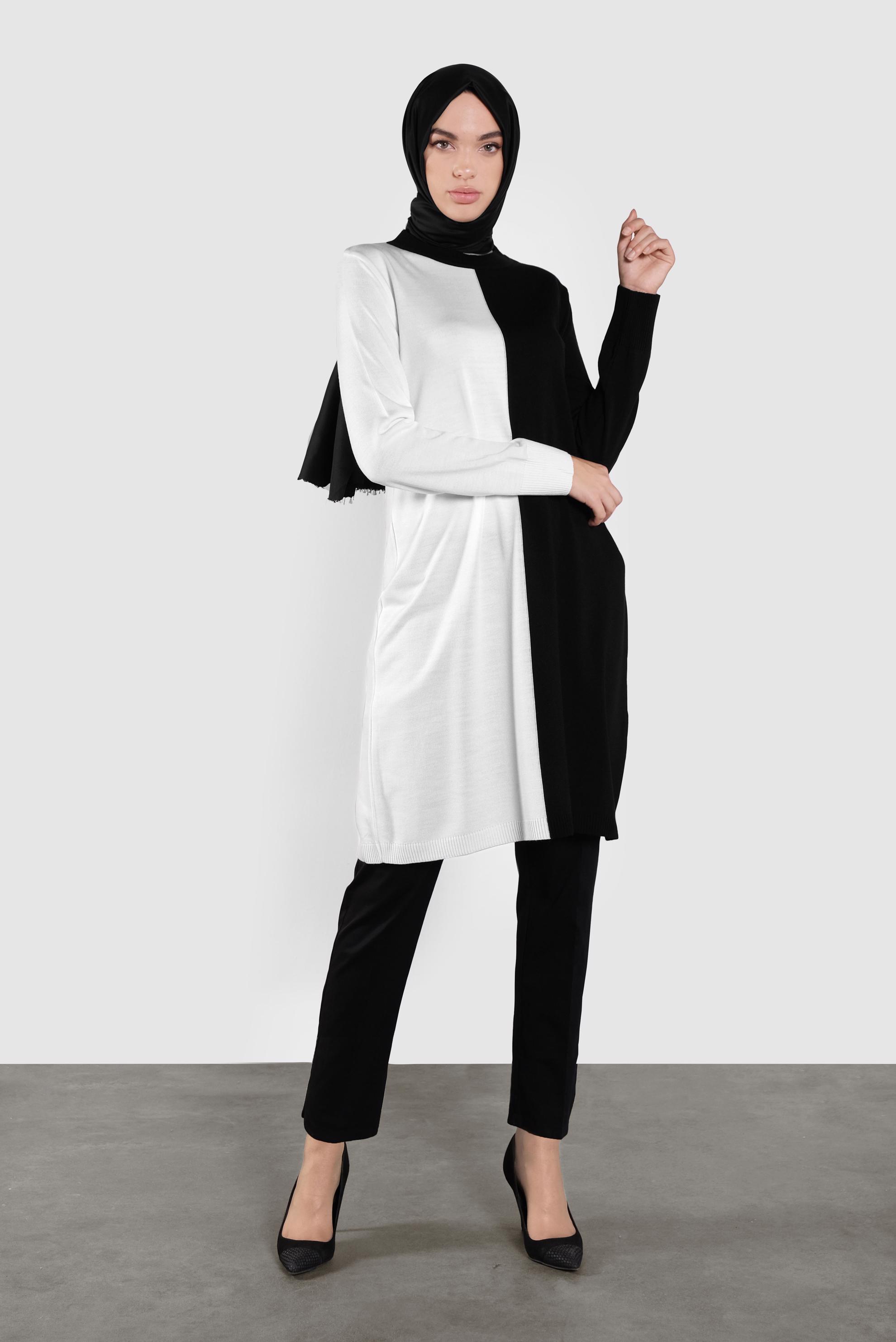 Tesettür giyim SİYAH İKİ RENK TRİKO TUNİK  41065 