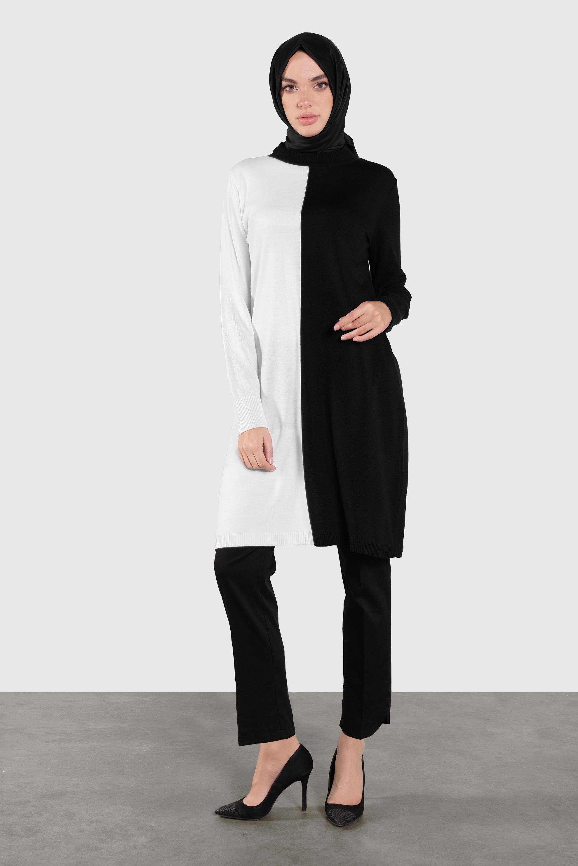 Tesettür giyim SİYAH İKİ RENK TRİKO TUNİK  41065 