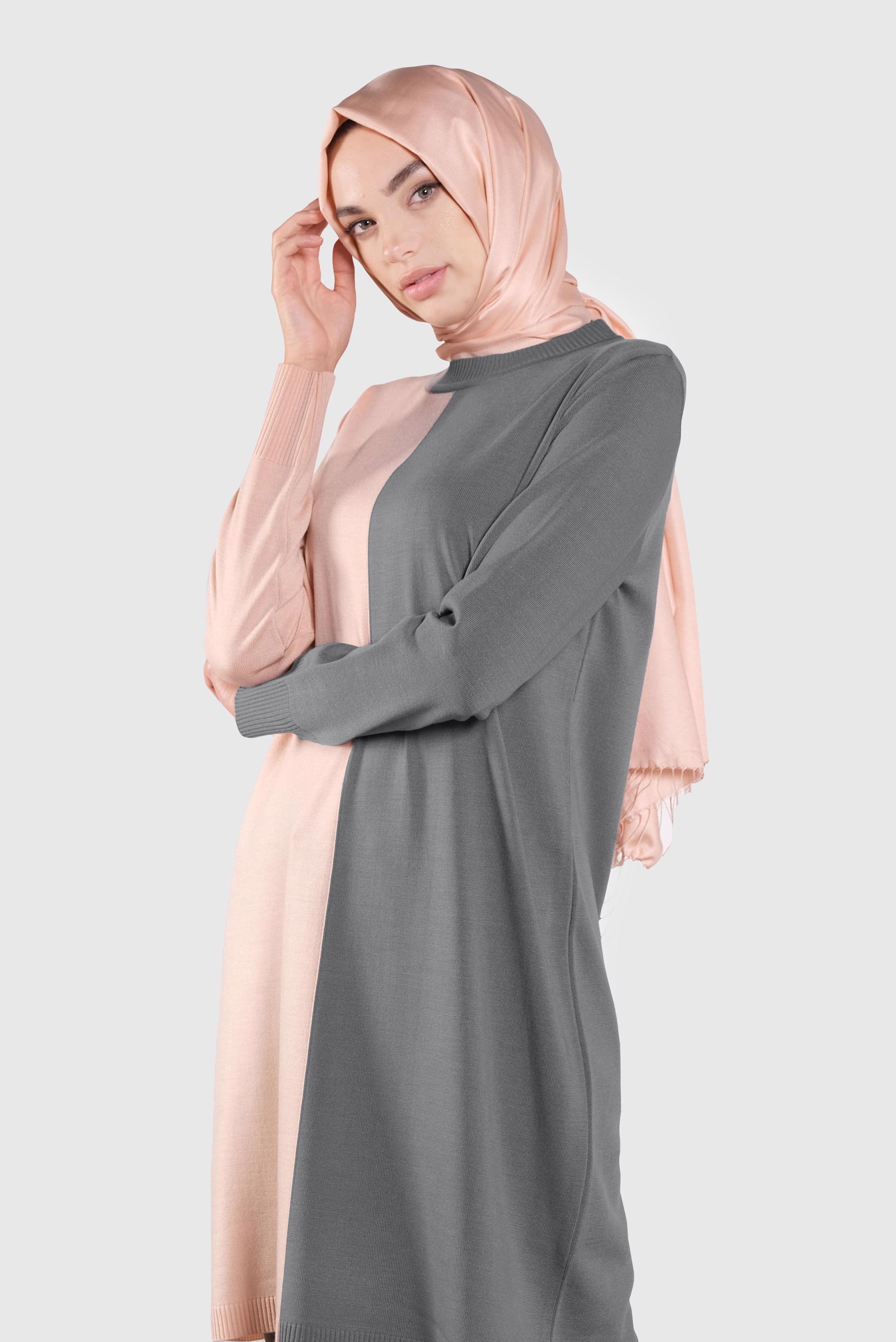 Tesettür giyim GRİ İKİ RENK TRİKO TUNİK  41065 