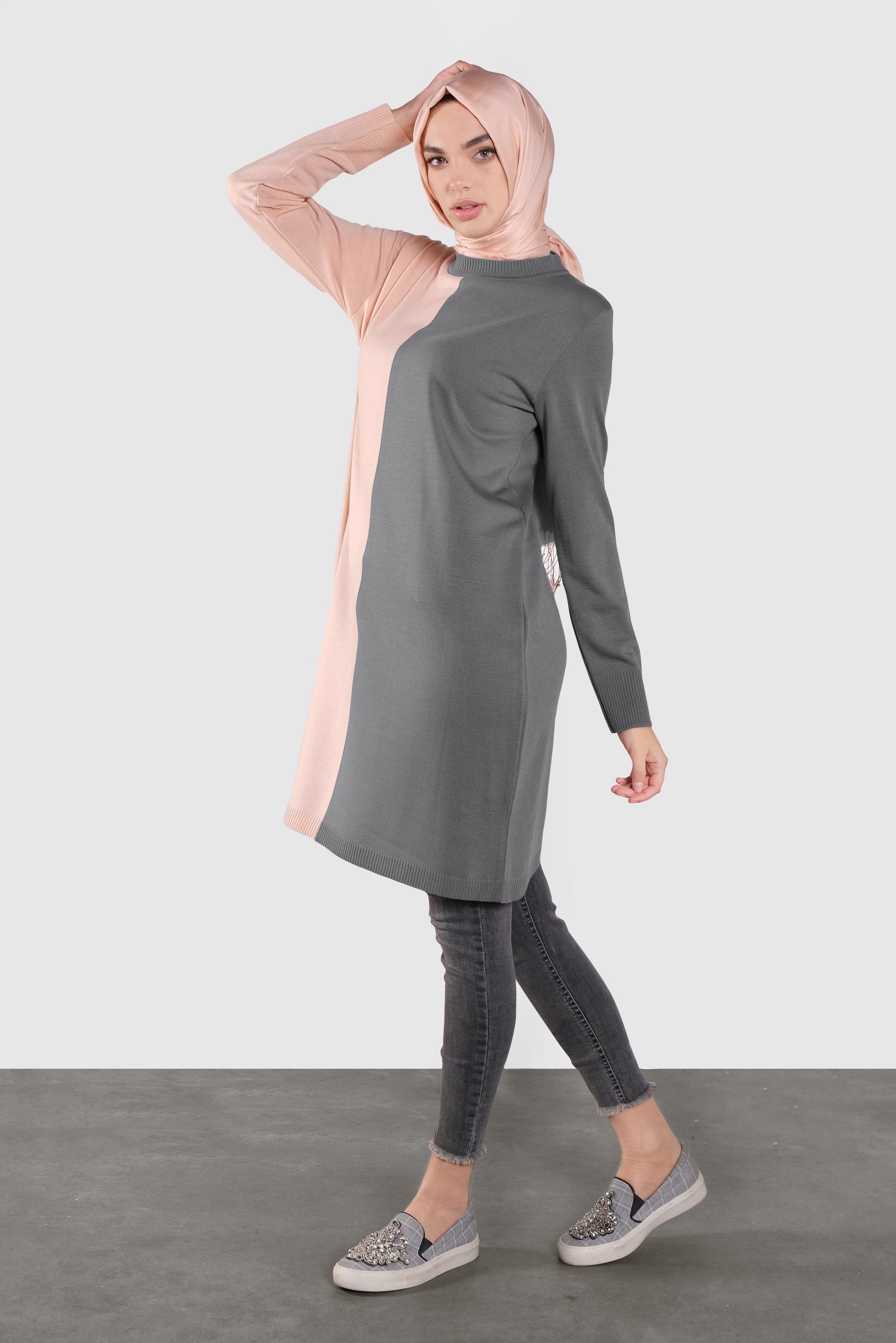 Tesettür giyim GRİ İKİ RENK TRİKO TUNİK  41065 