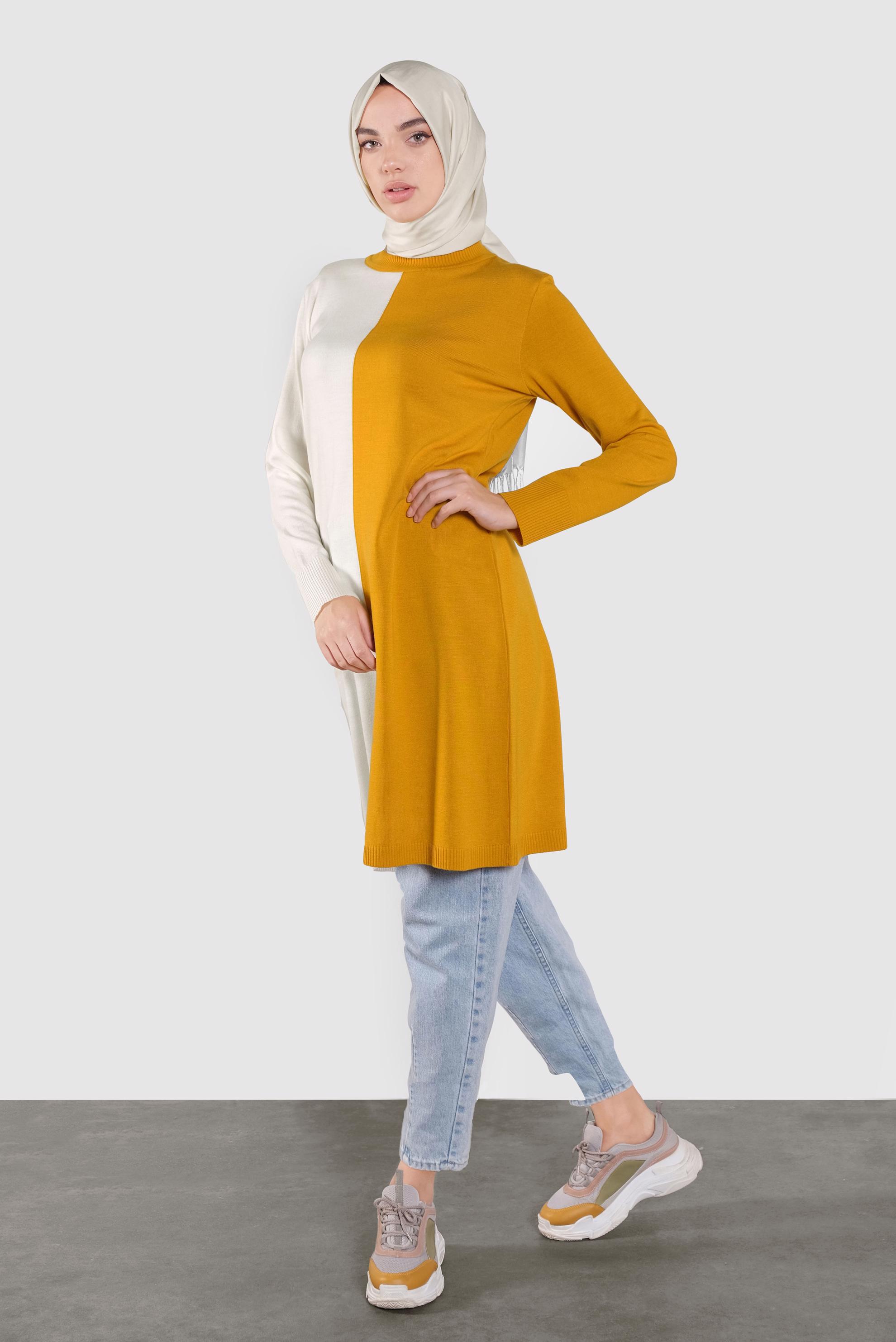 Tesettür giyim SARI İKİ RENK TRİKO TUNİK  41065 
