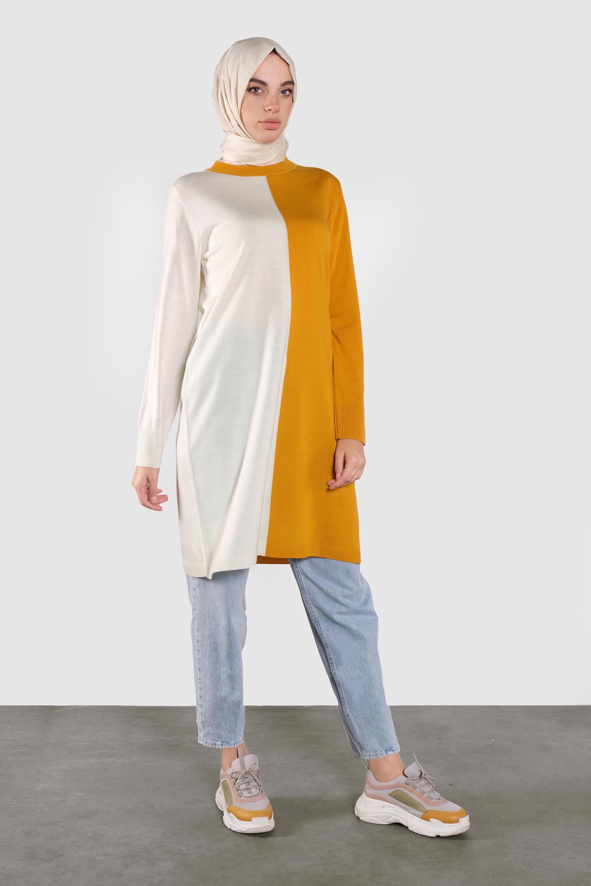 Tesettür giyim SARI İKİ RENK TRİKO TUNİK  41065 