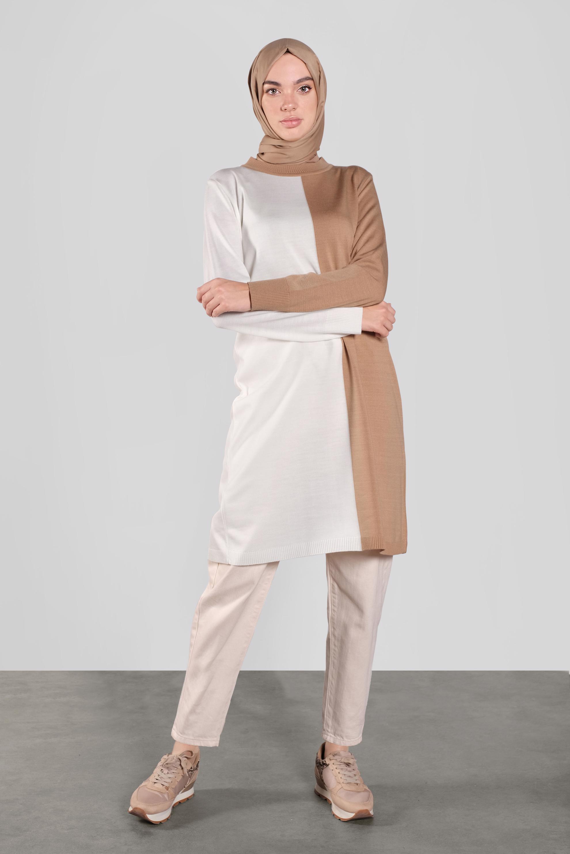 Tesettür giyim KAHVE İKİ RENK TRİKO TUNİK  41065 