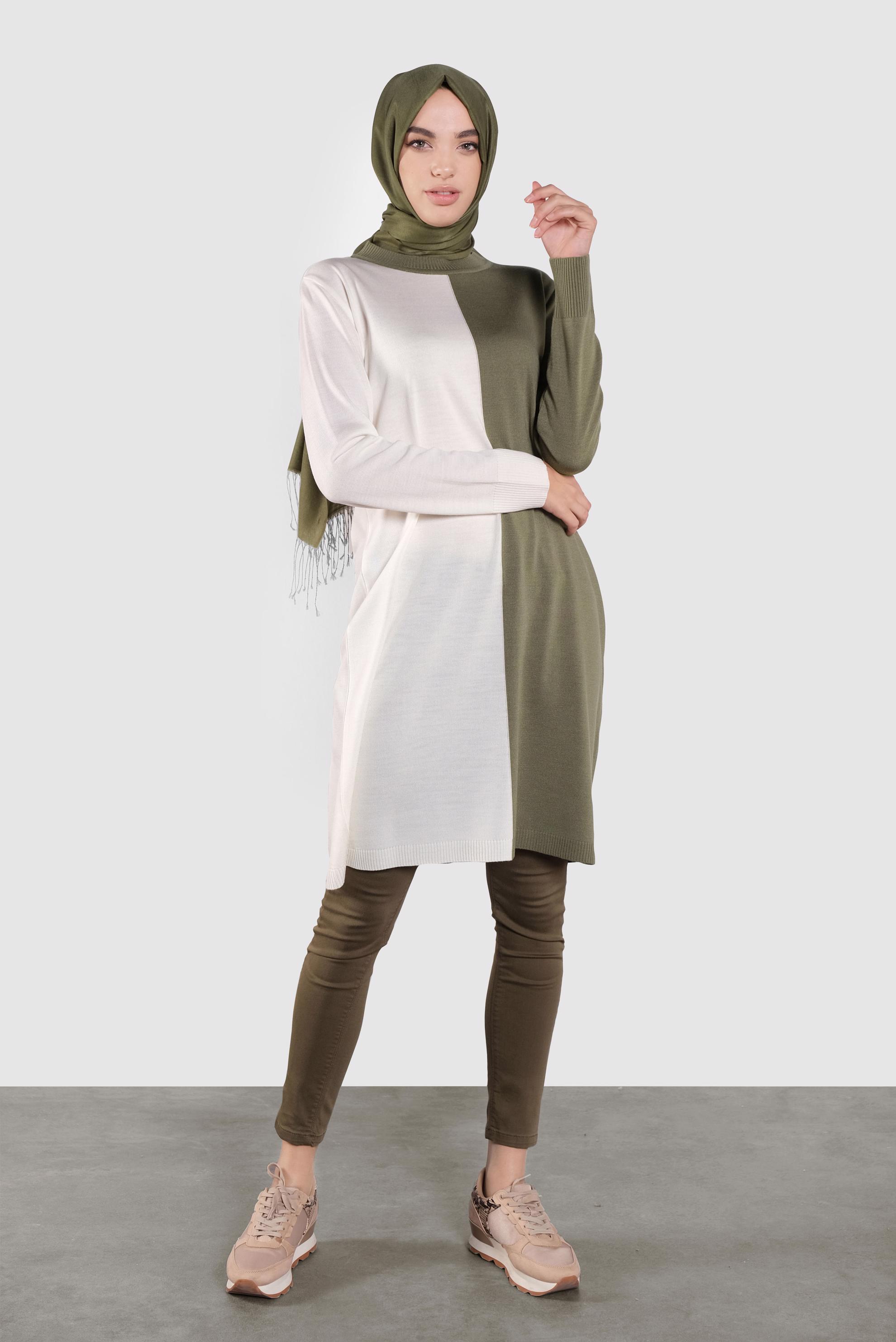 Tesettür giyim YEŞİL İKİ RENK TRİKO TUNİK  41065 