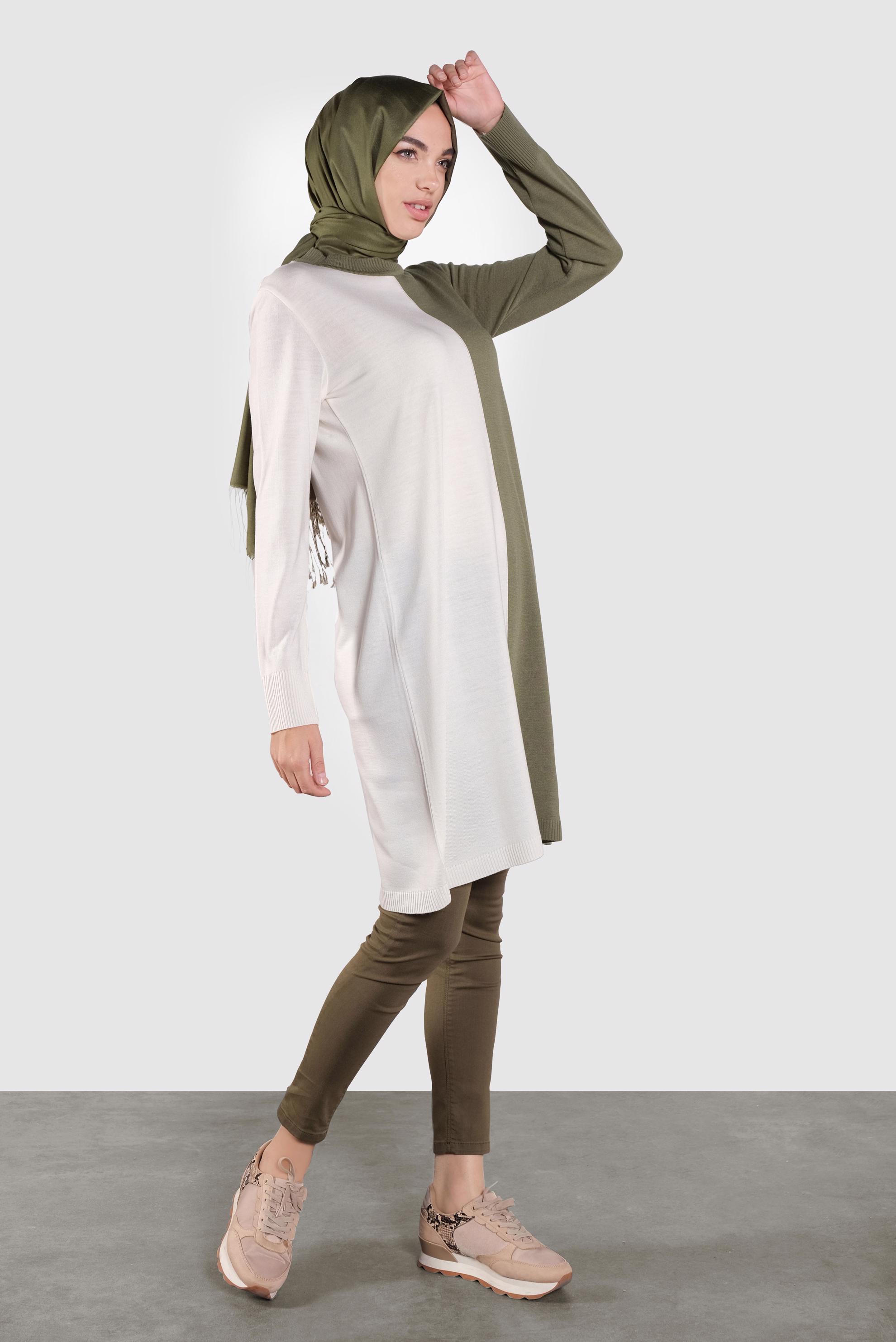 Tesettür giyim YEŞİL İKİ RENK TRİKO TUNİK  41065 