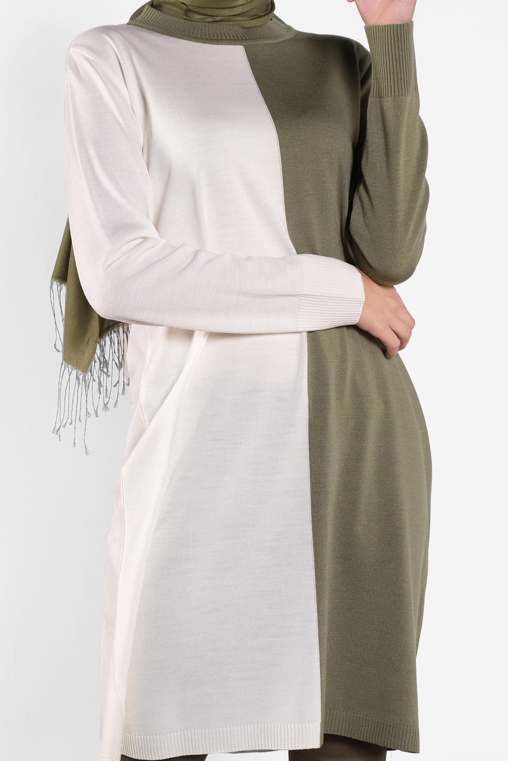 Tesettür giyim YEŞİL İKİ RENK TRİKO TUNİK  41065 