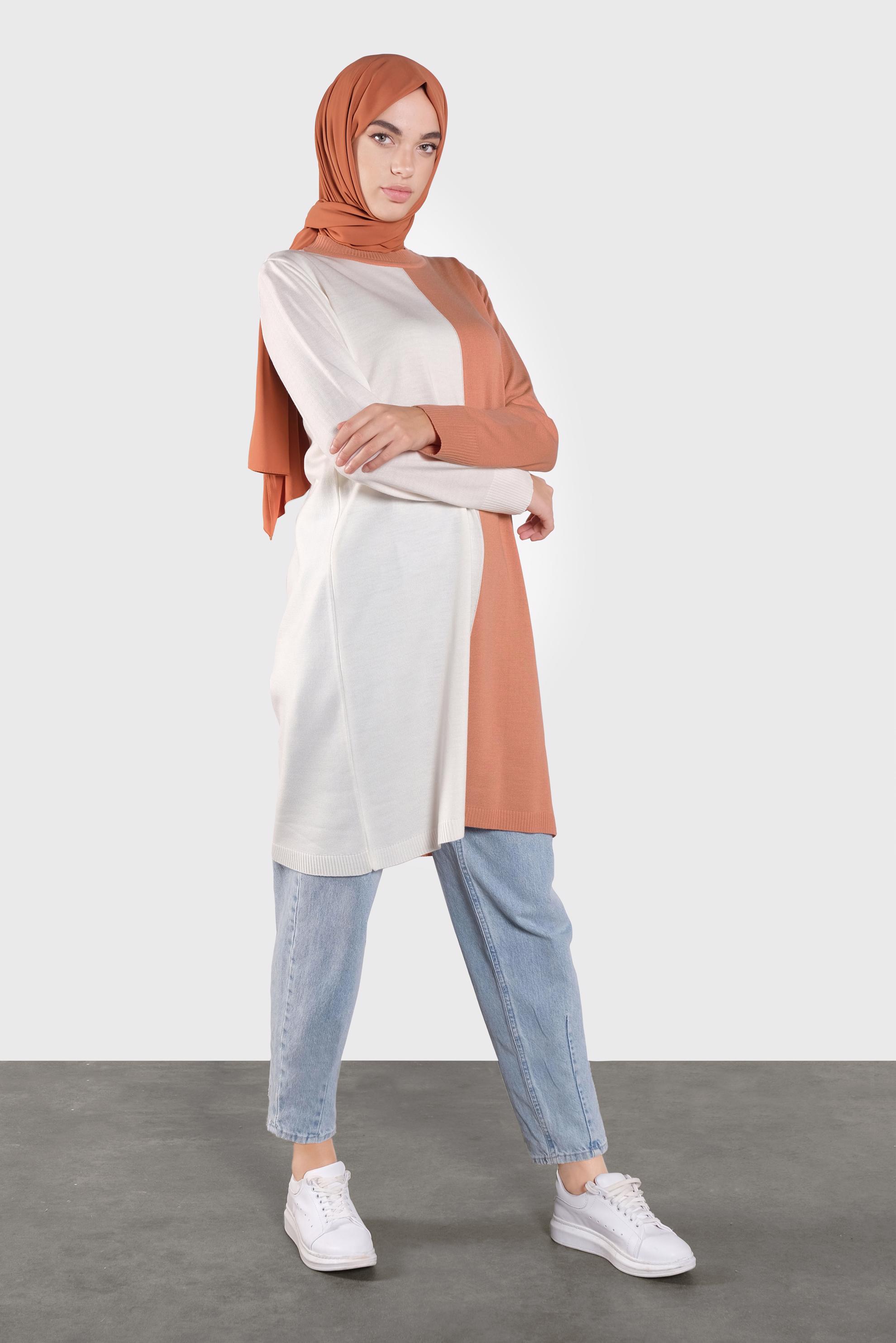 Tesettür giyim PEMBE İKİ RENK TRİKO TUNİK  41065 