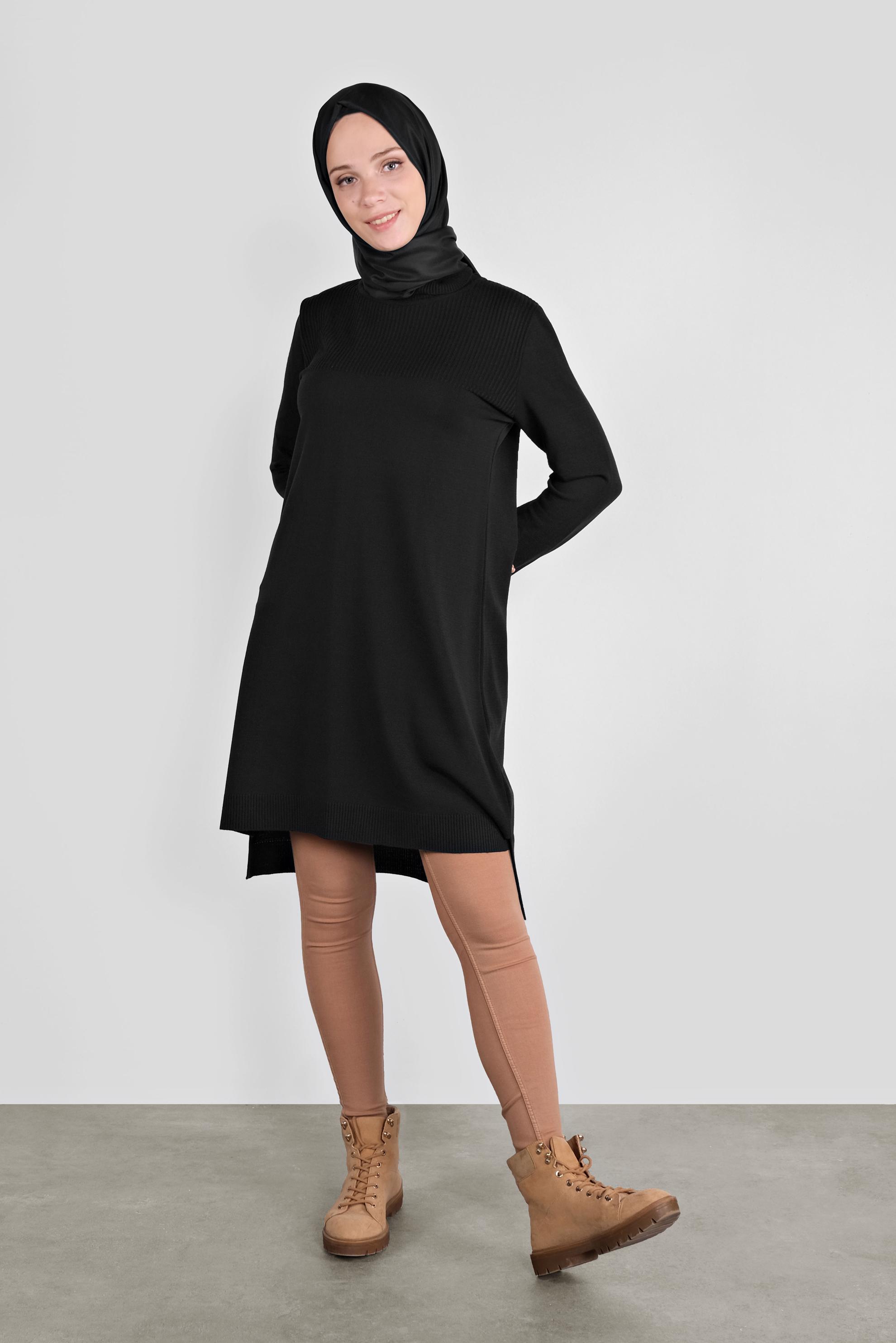 Tesettür giyim SİYAH BALIKÇI YAKA TRİKO TUNİK 41066 