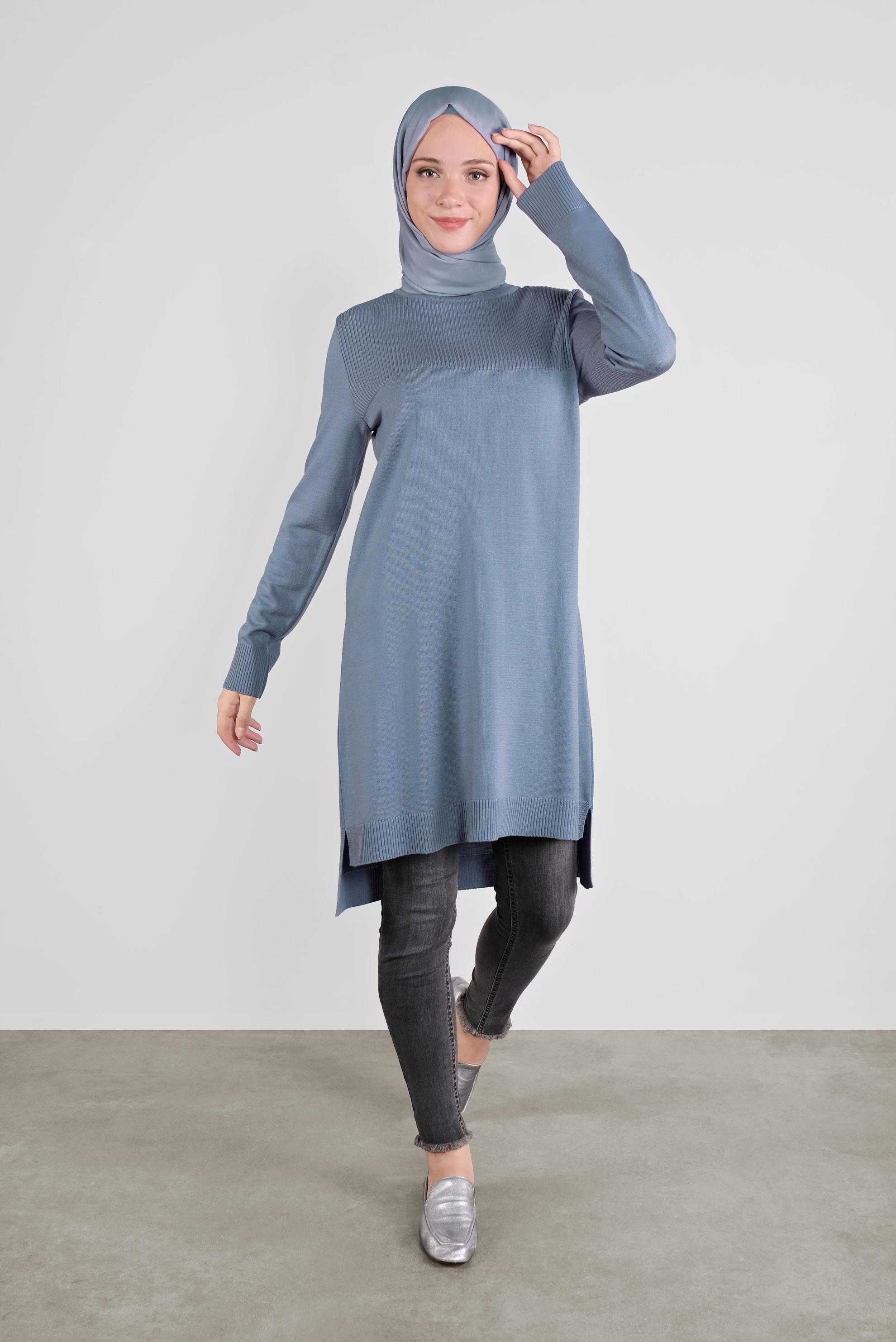 Tesettür giyim MAVİ BALIKÇI YAKA TRİKO TUNİK 41066 