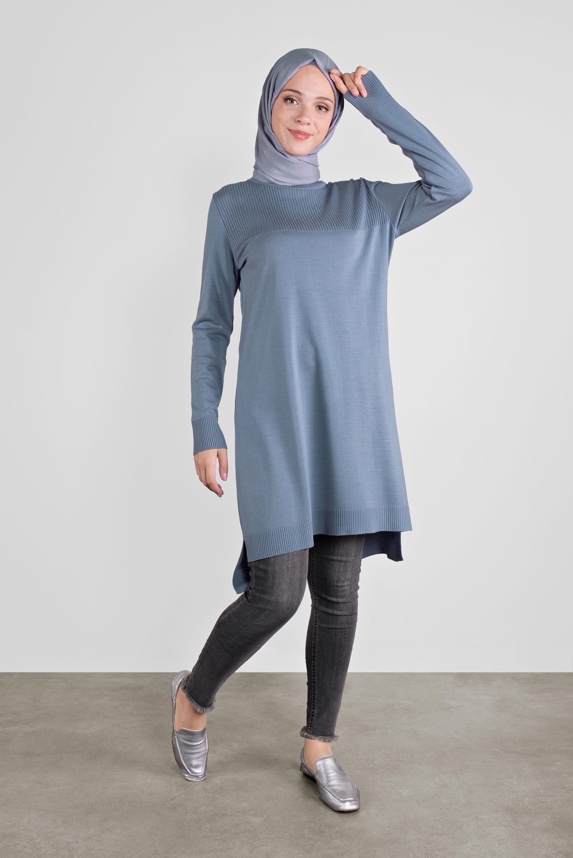 Tesettür giyim MAVİ BALIKÇI YAKA TRİKO TUNİK 41066 