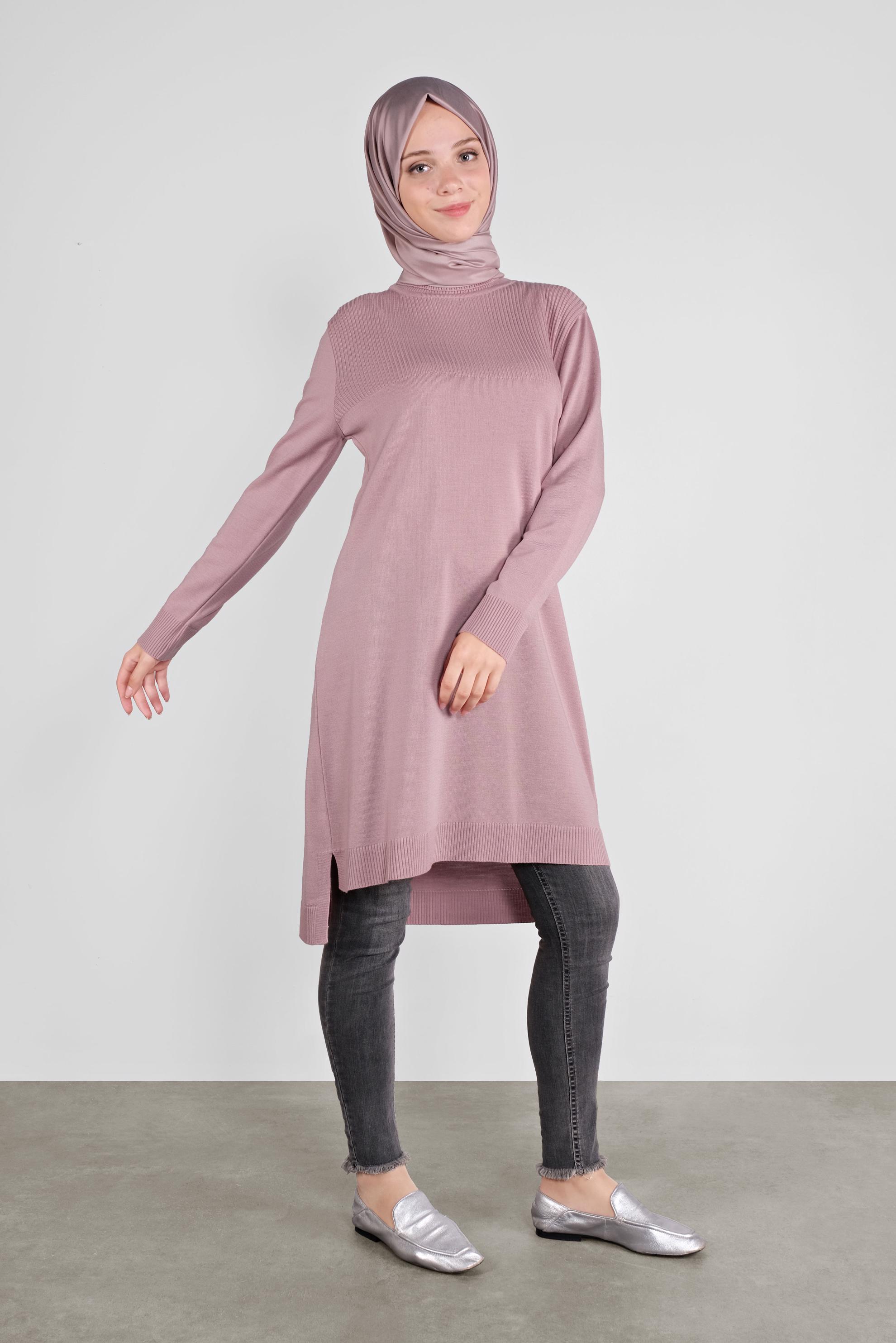 Tesettür giyim PUDRA BALIKÇI YAKA TRİKO TUNİK 41066 