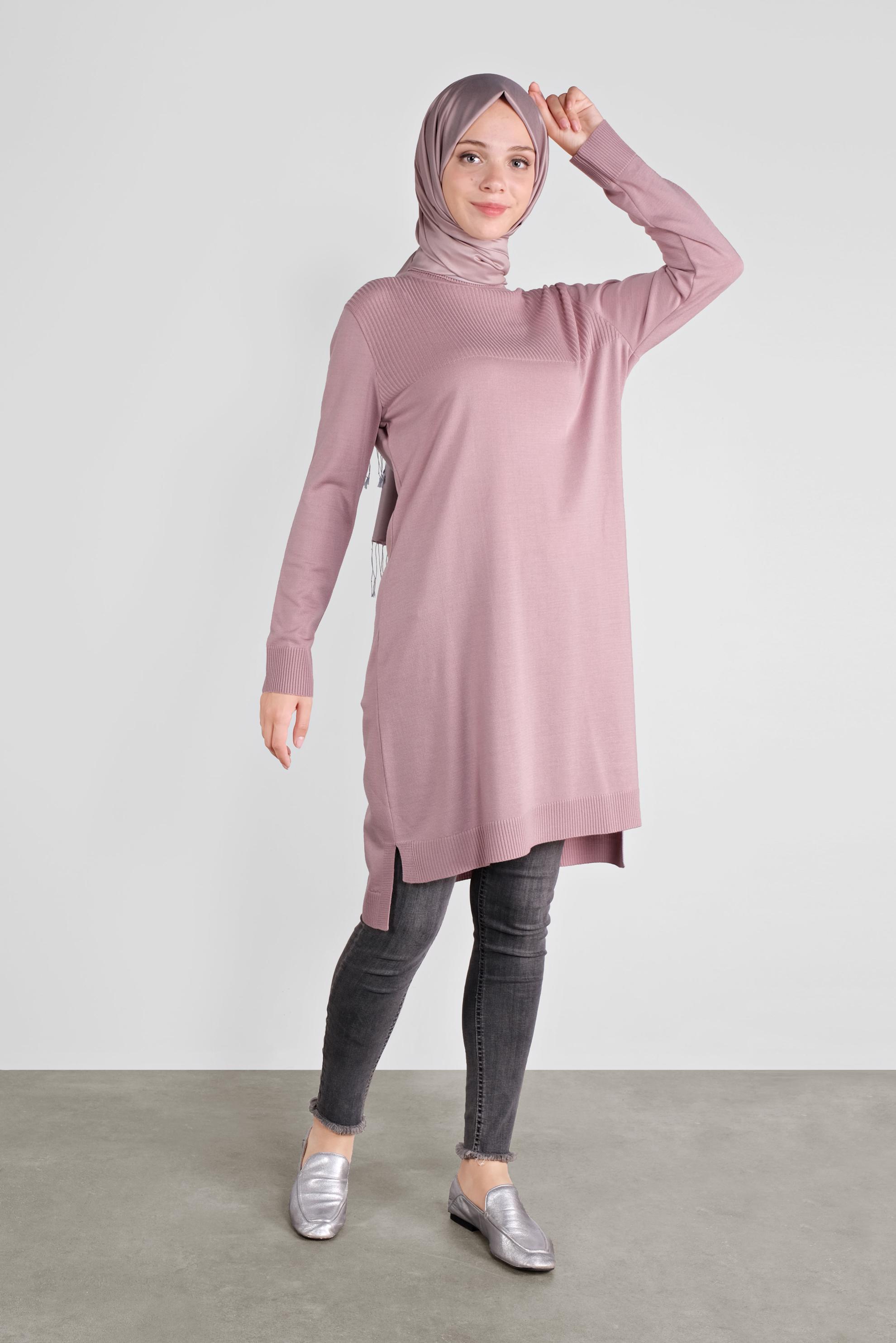 Tesettür giyim PUDRA BALIKÇI YAKA TRİKO TUNİK 41066 