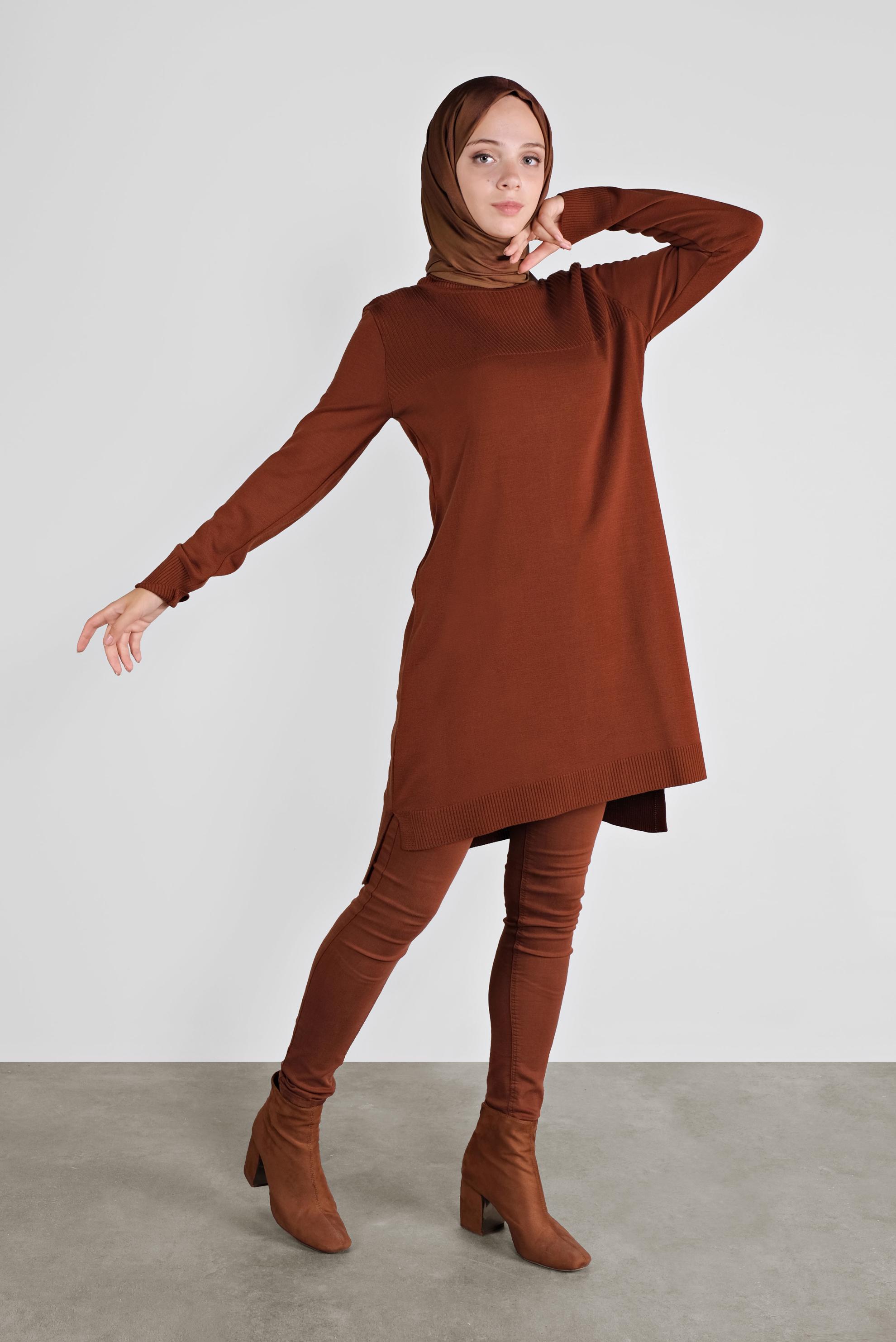 Tesettür giyim BORDO BALIKÇI YAKA TRİKO TUNİK 41066 