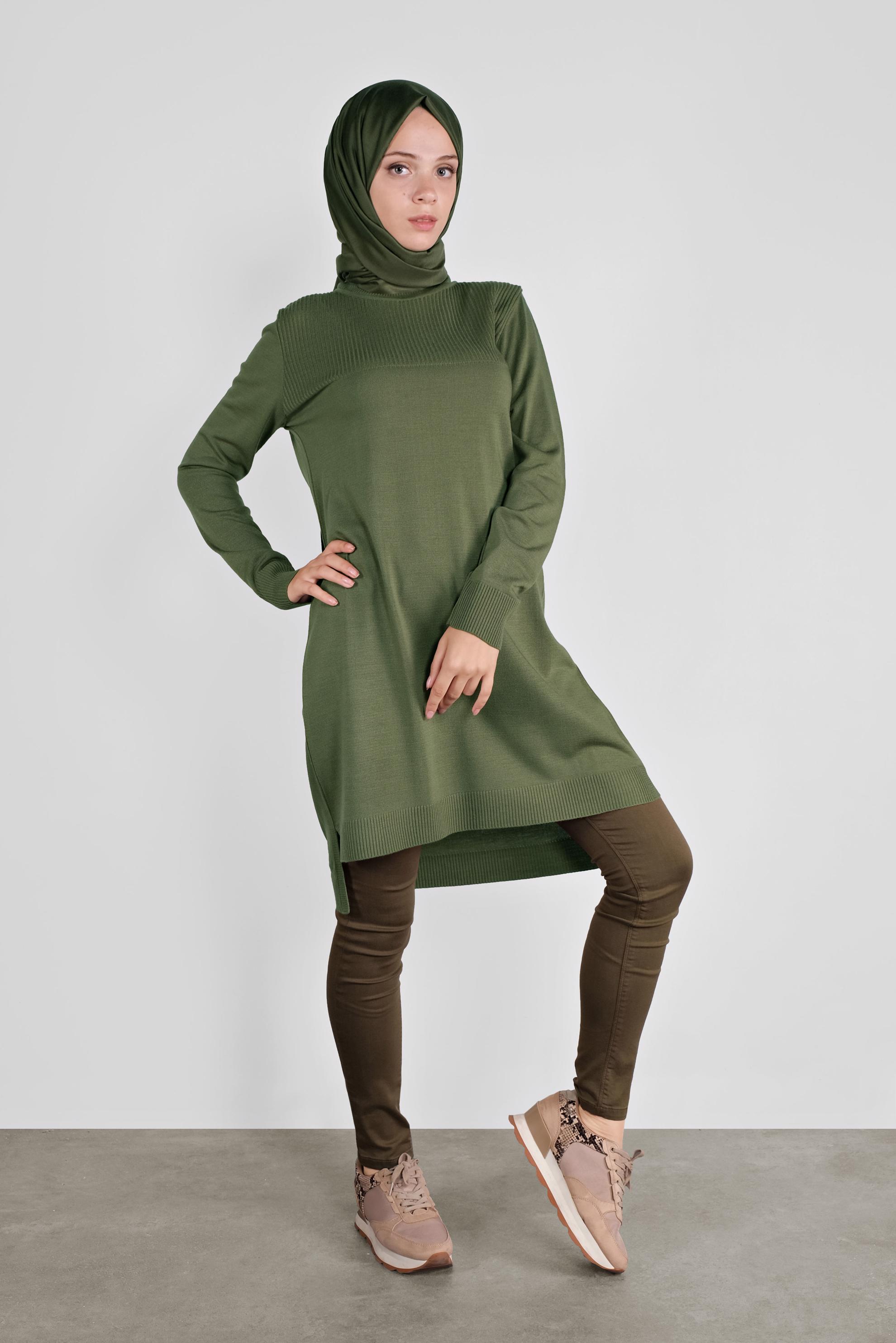 Tesettür giyim YEŞİL BALIKÇI YAKA TRİKO TUNİK 41066 