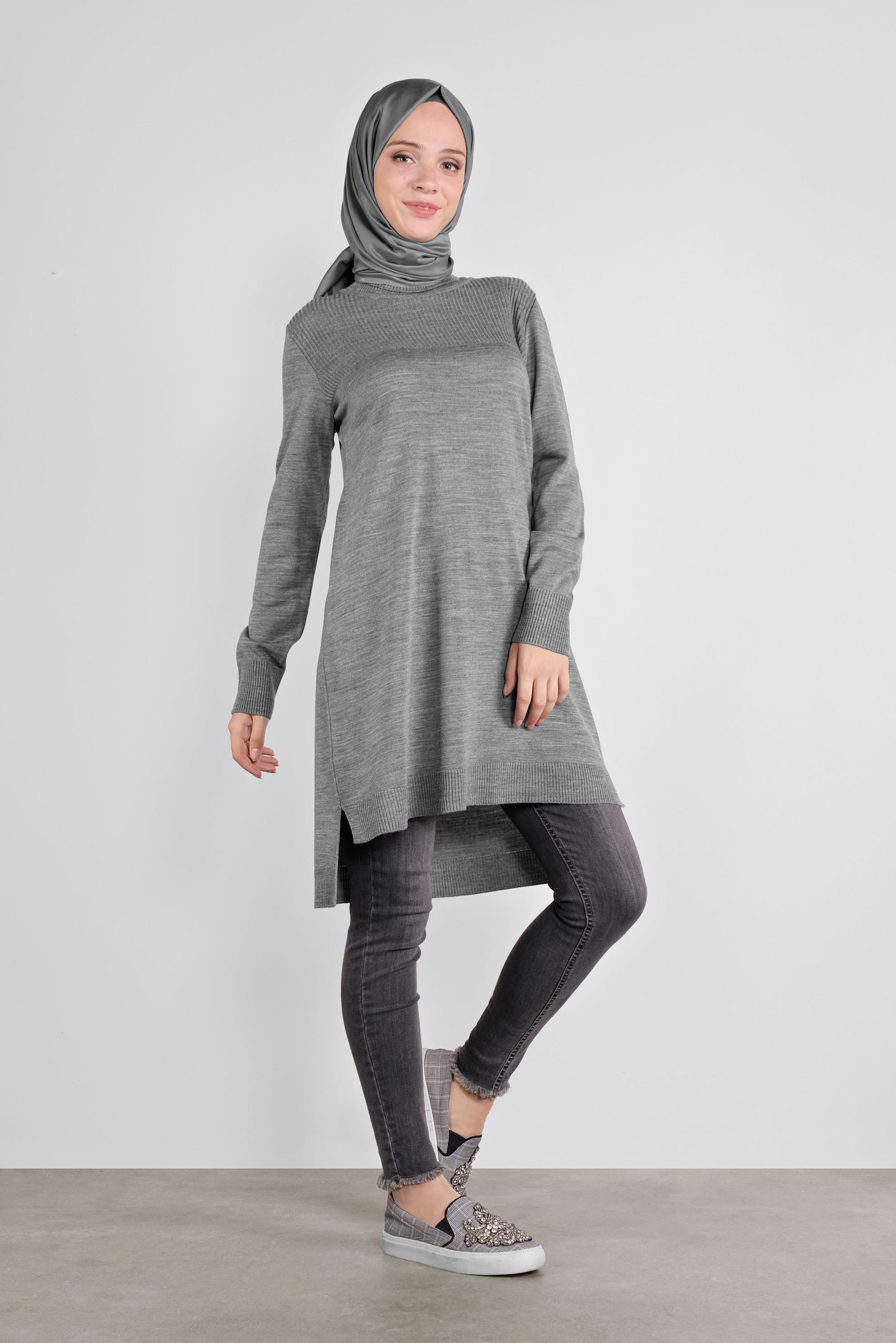 Tesettür giyim GRİ BALIKÇI YAKA TRİKO TUNİK 41066 