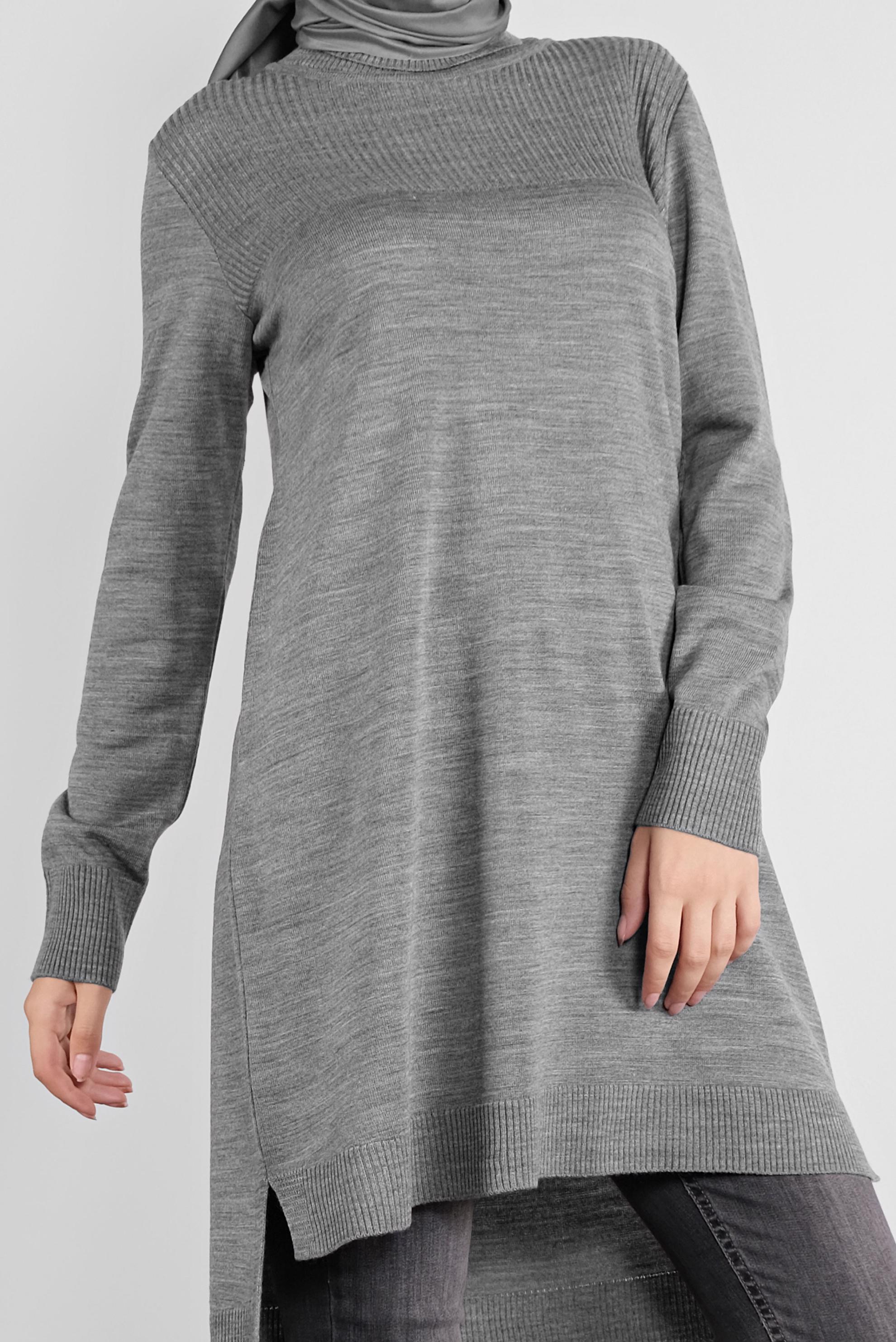 Tesettür giyim GRİ BALIKÇI YAKA TRİKO TUNİK 41066 