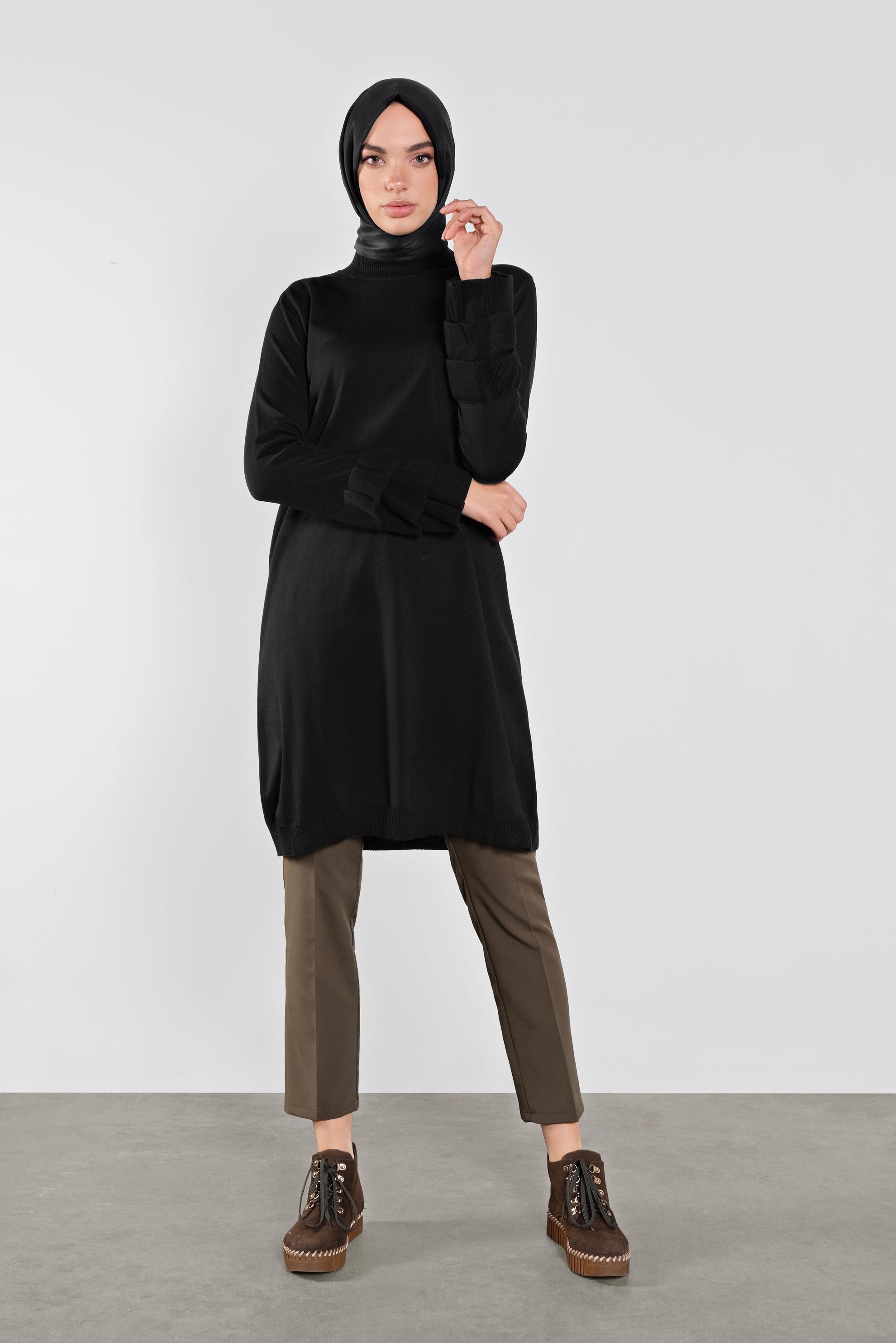 Tesettür giyim SİYAH FIRFIRLI TRİKO TUNİK 41067 