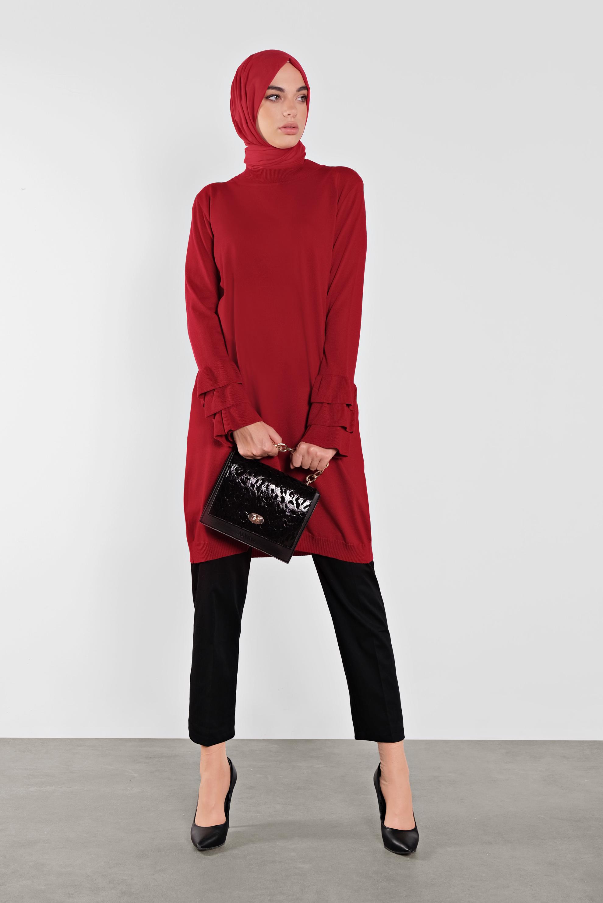 Tesettür giyim KIRMIZI FIRFIRLI TRİKO TUNİK 41067 