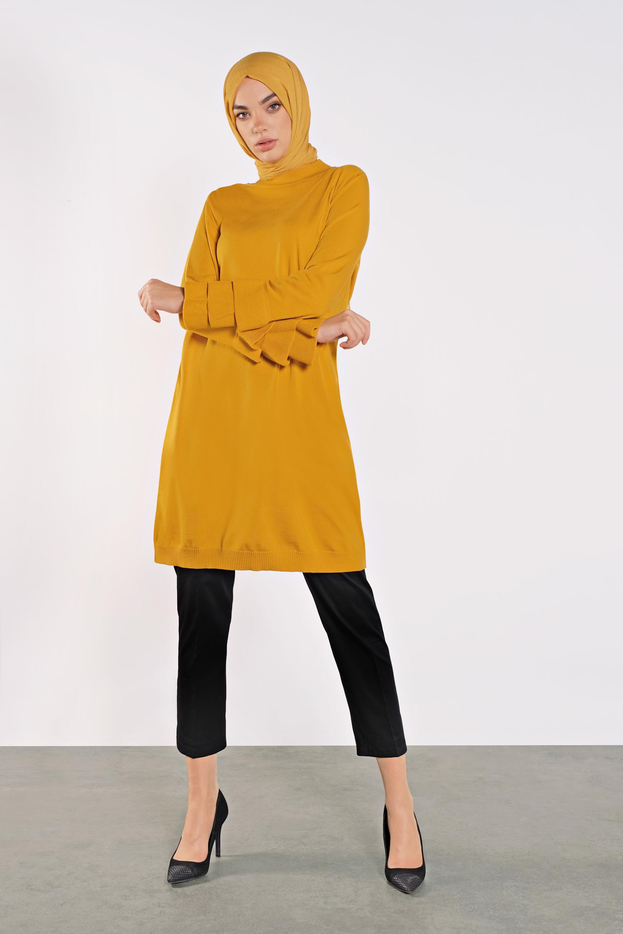 Tesettür giyim SARI FIRFIRLI TRİKO TUNİK 41067 