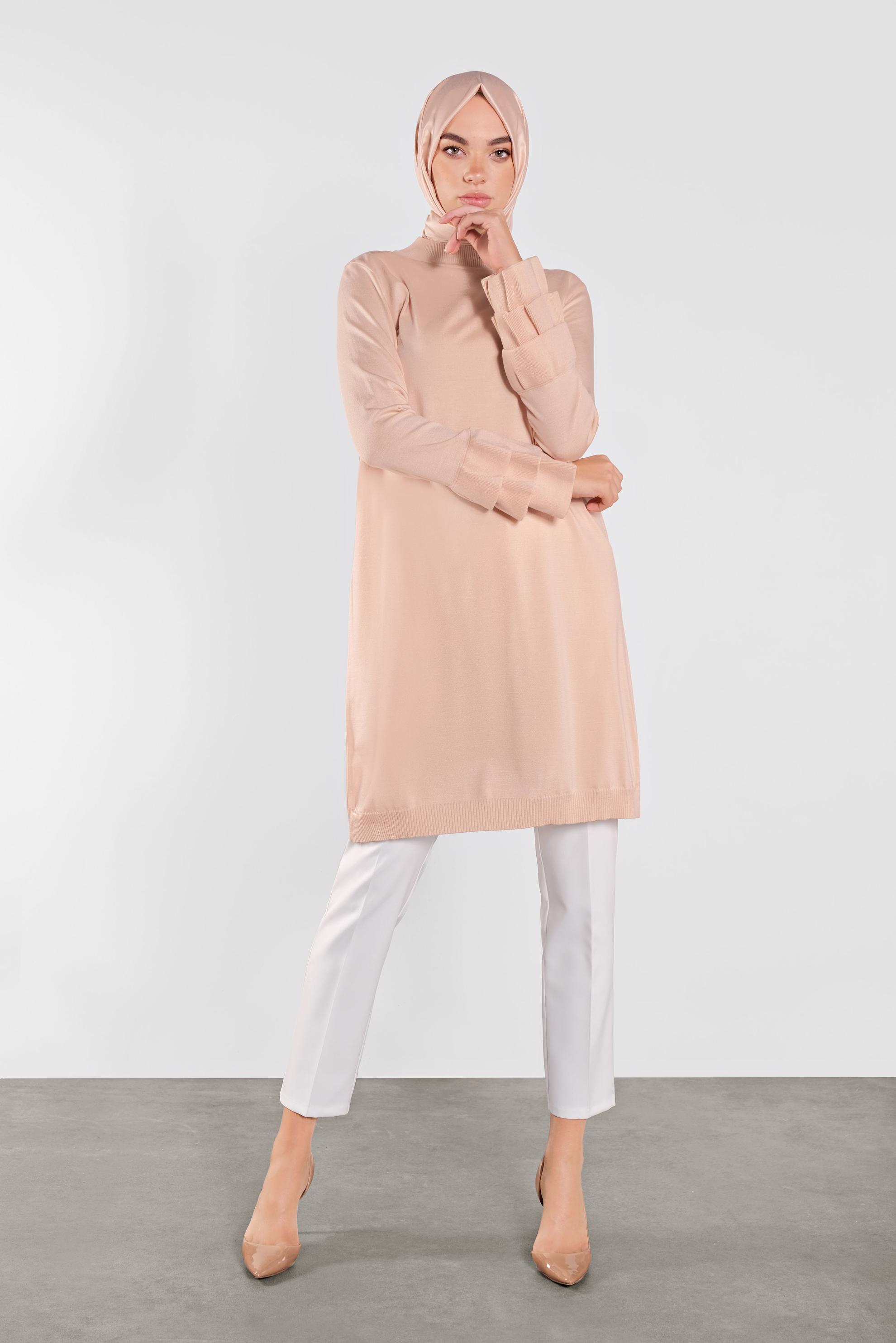 Tesettür giyim PUDRA FIRFIRLI TRİKO TUNİK 41067 