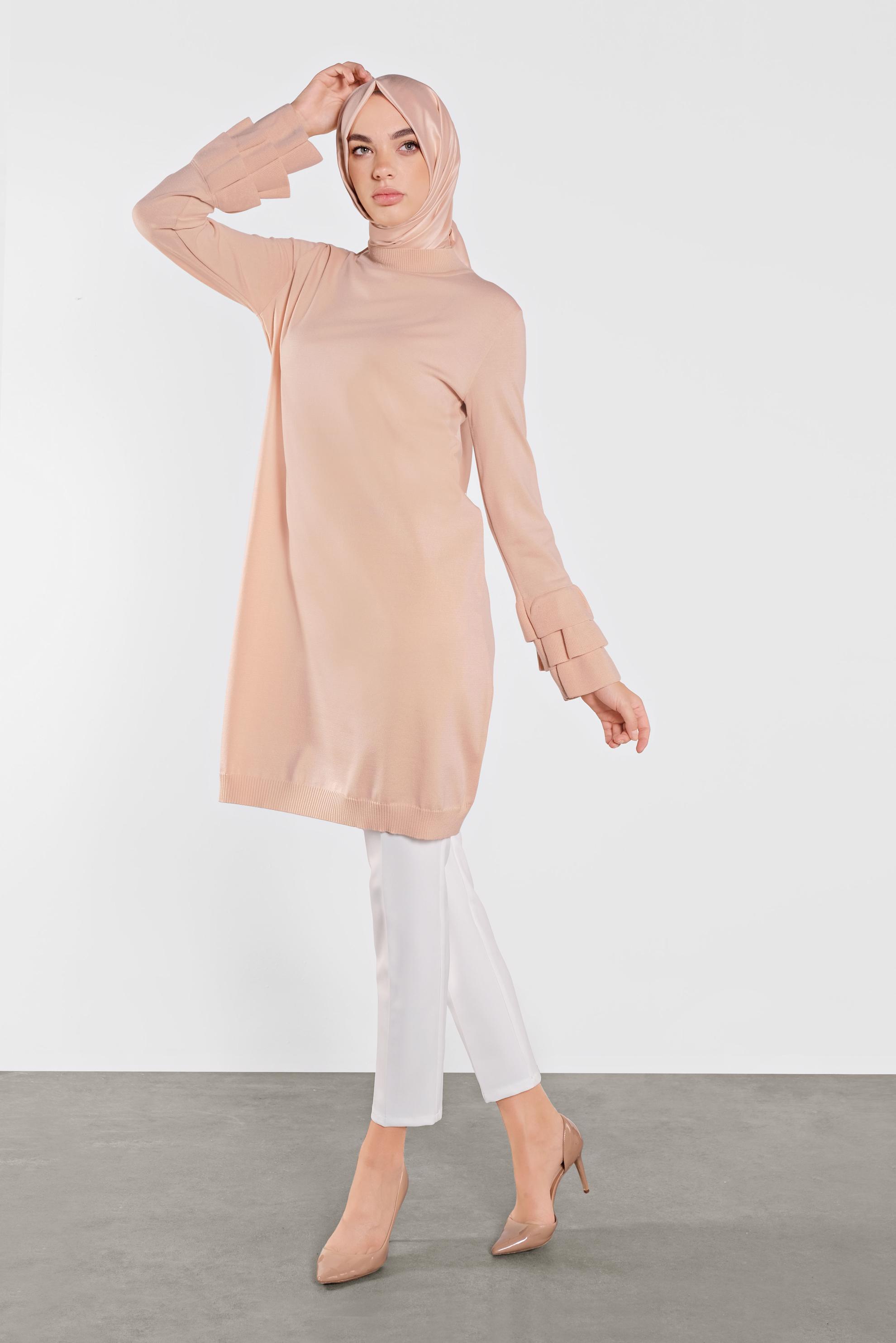Tesettür giyim PUDRA FIRFIRLI TRİKO TUNİK 41067 