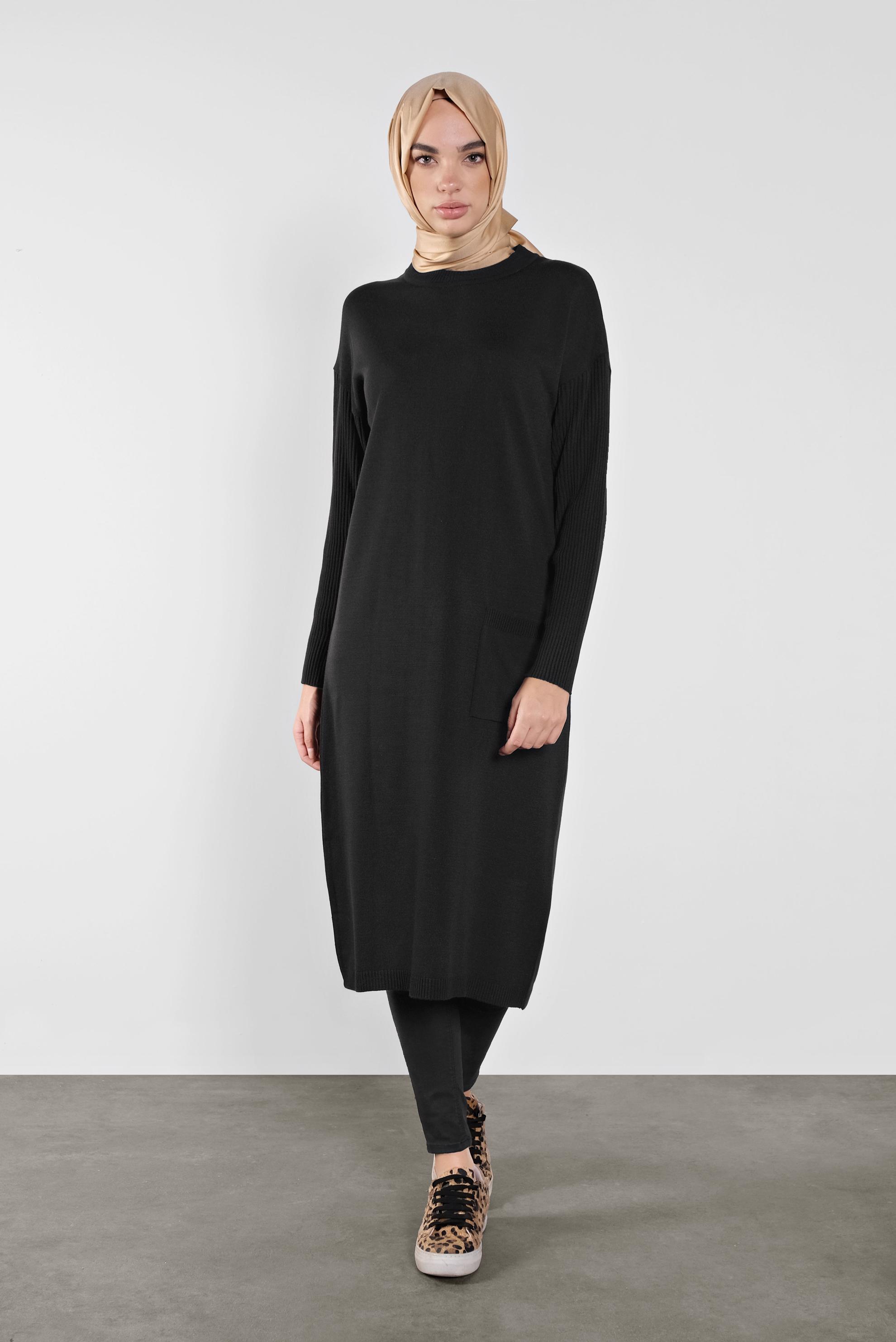 Tesettür giyim SİYAH CEP DETAYLI TRİKO TUNİK 41069 