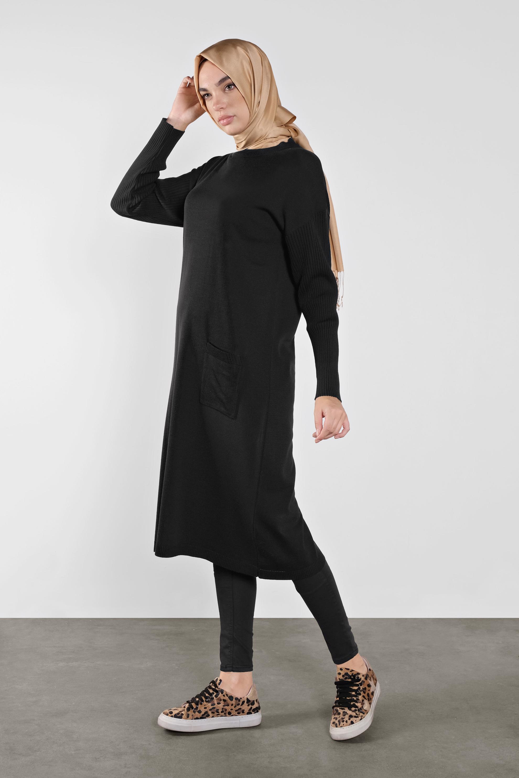 Tesettür giyim SİYAH CEP DETAYLI TRİKO TUNİK 41069 