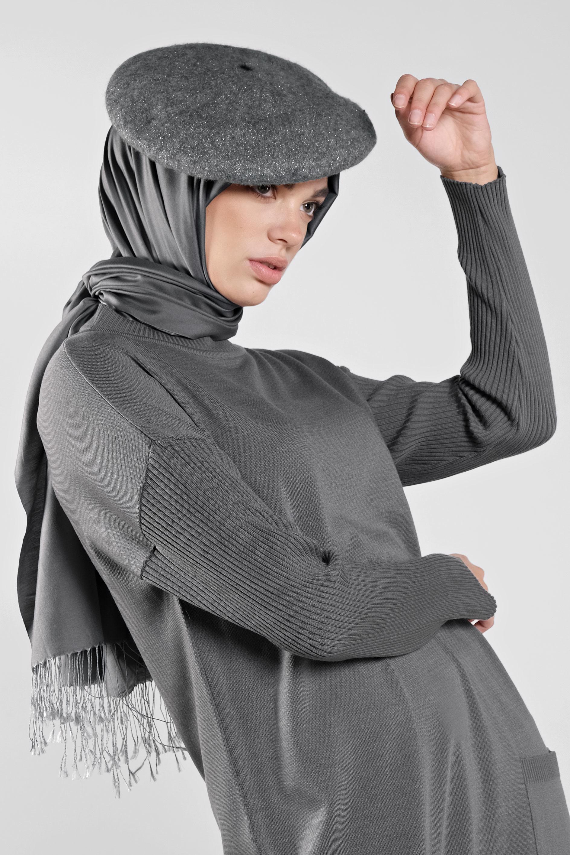 Tesettür giyim GRİ CEP DETAYLI TRİKO TUNİK 41069 