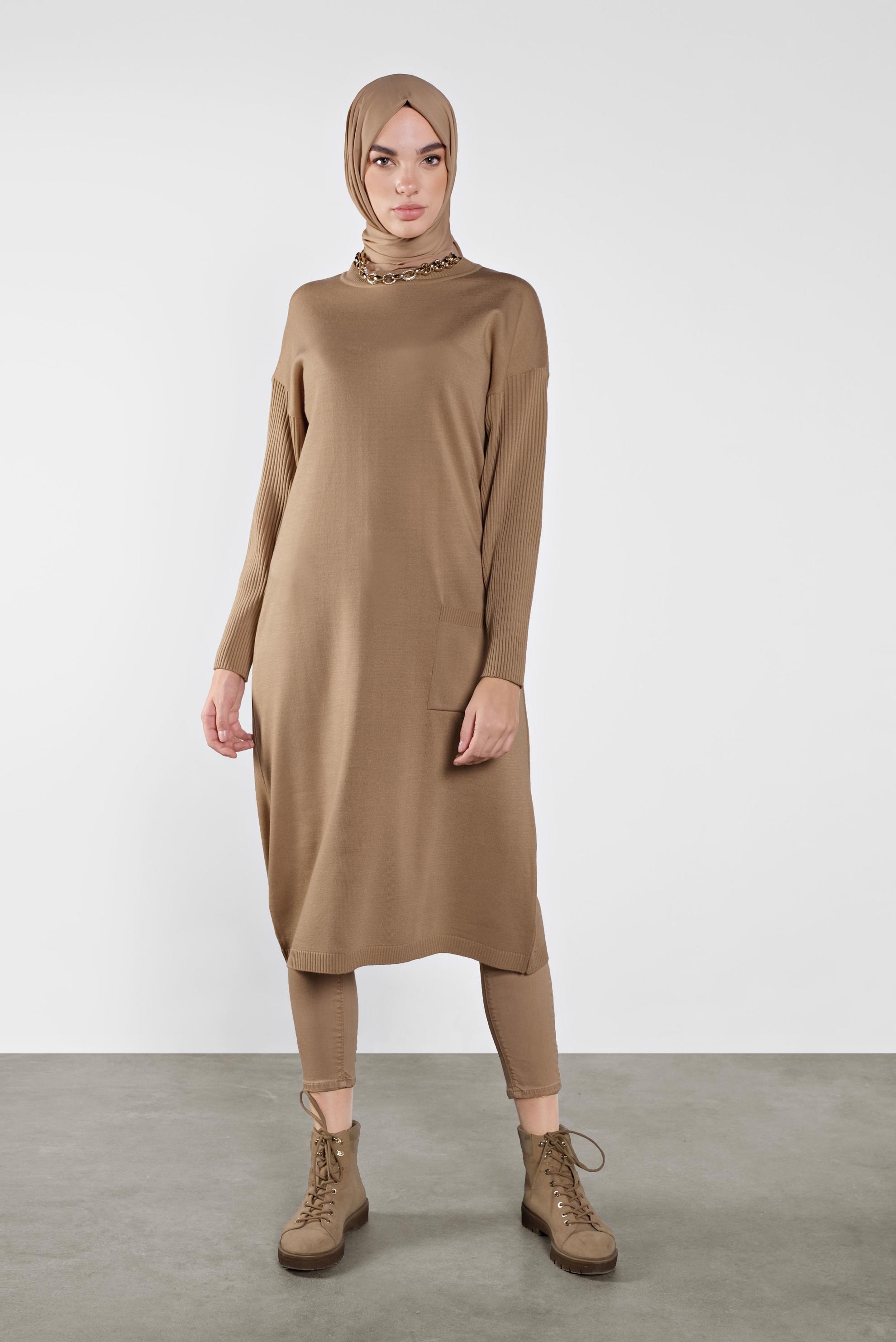 Tesettür giyim KAHVE CEP DETAYLI TRİKO TUNİK 41069 