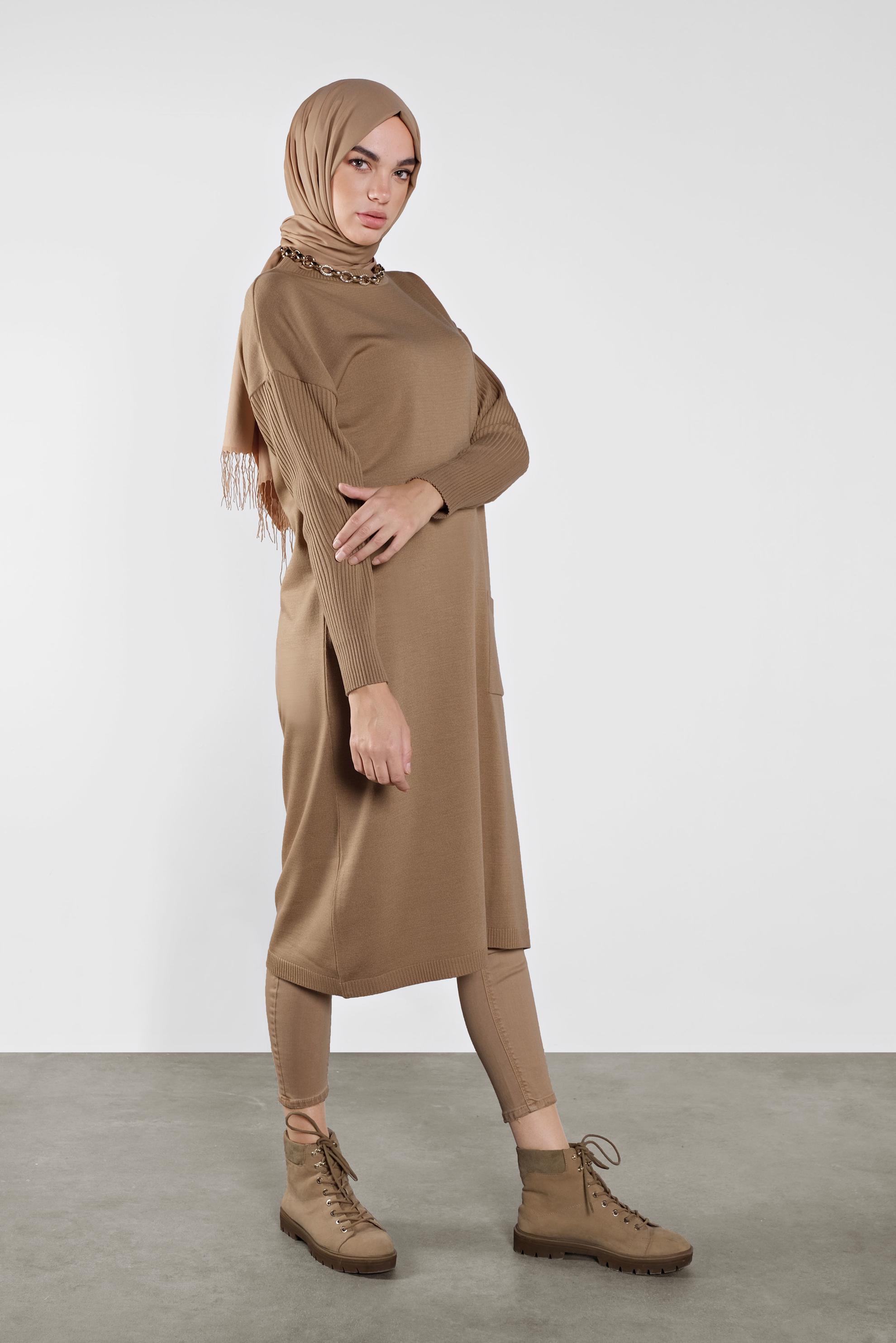 Tesettür giyim KAHVE CEP DETAYLI TRİKO TUNİK 41069 