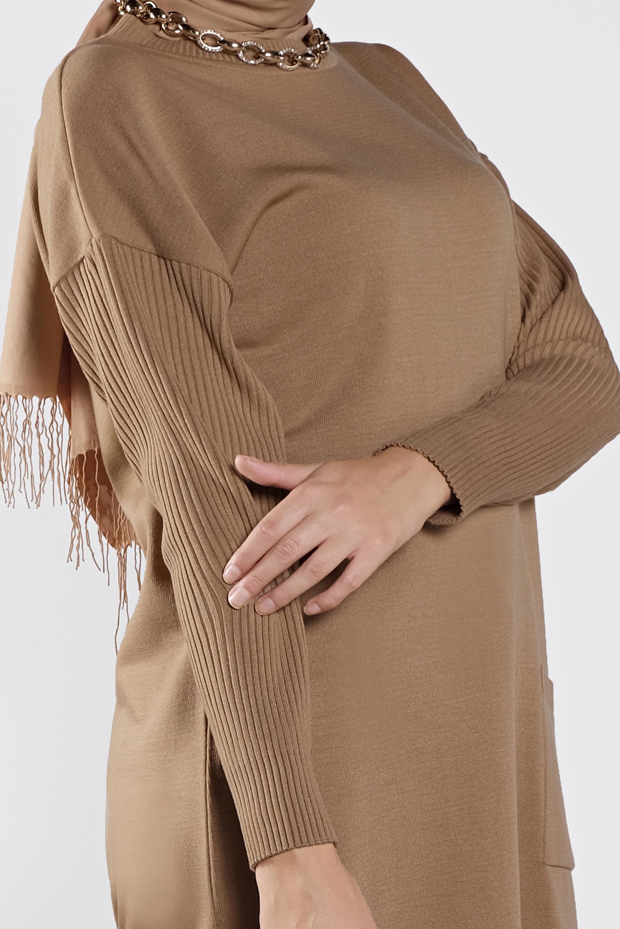 Tesettür giyim KAHVE CEP DETAYLI TRİKO TUNİK 41069 