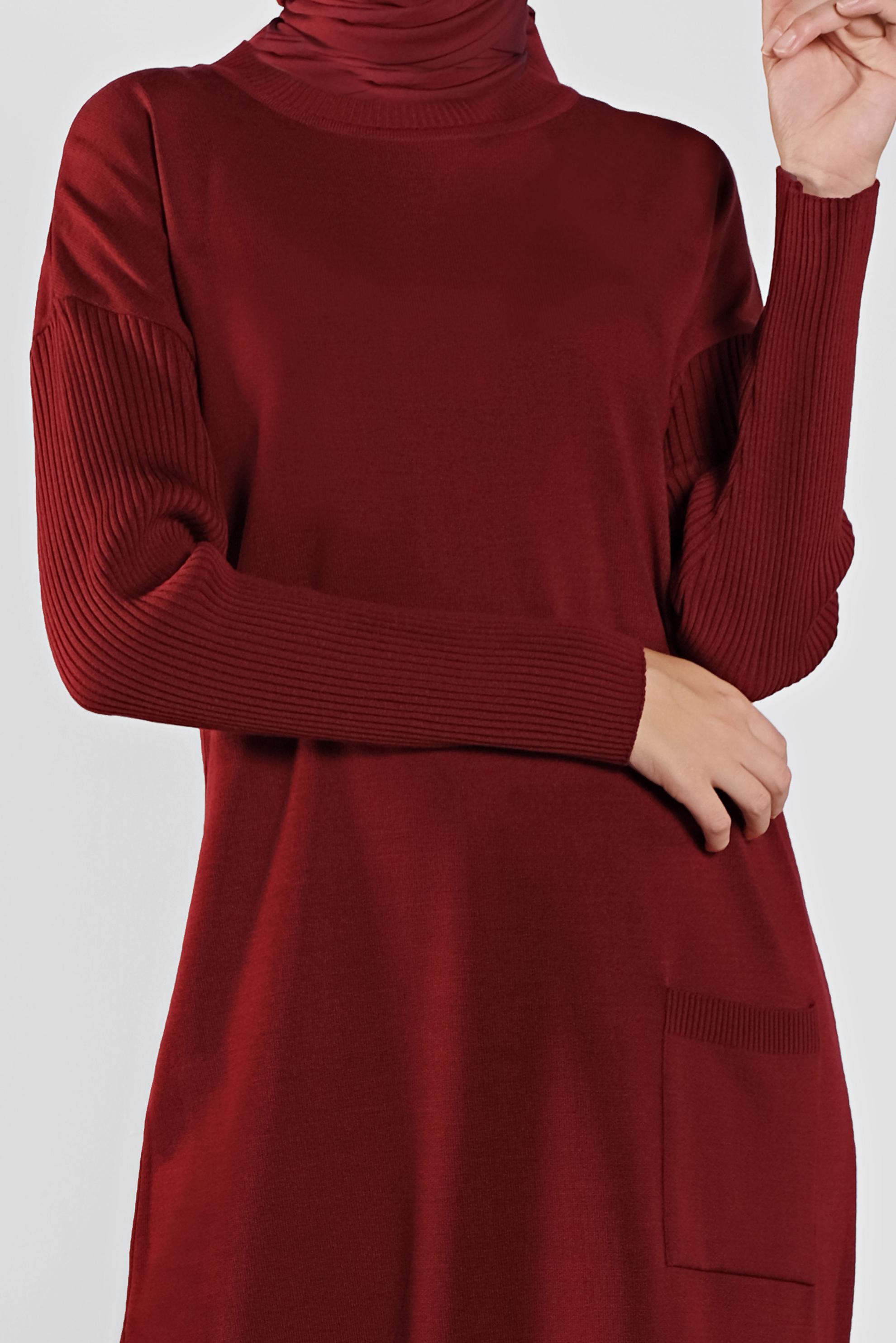 Tesettür giyim KIRMIZI CEP DETAYLI TRİKO TUNİK 41069 