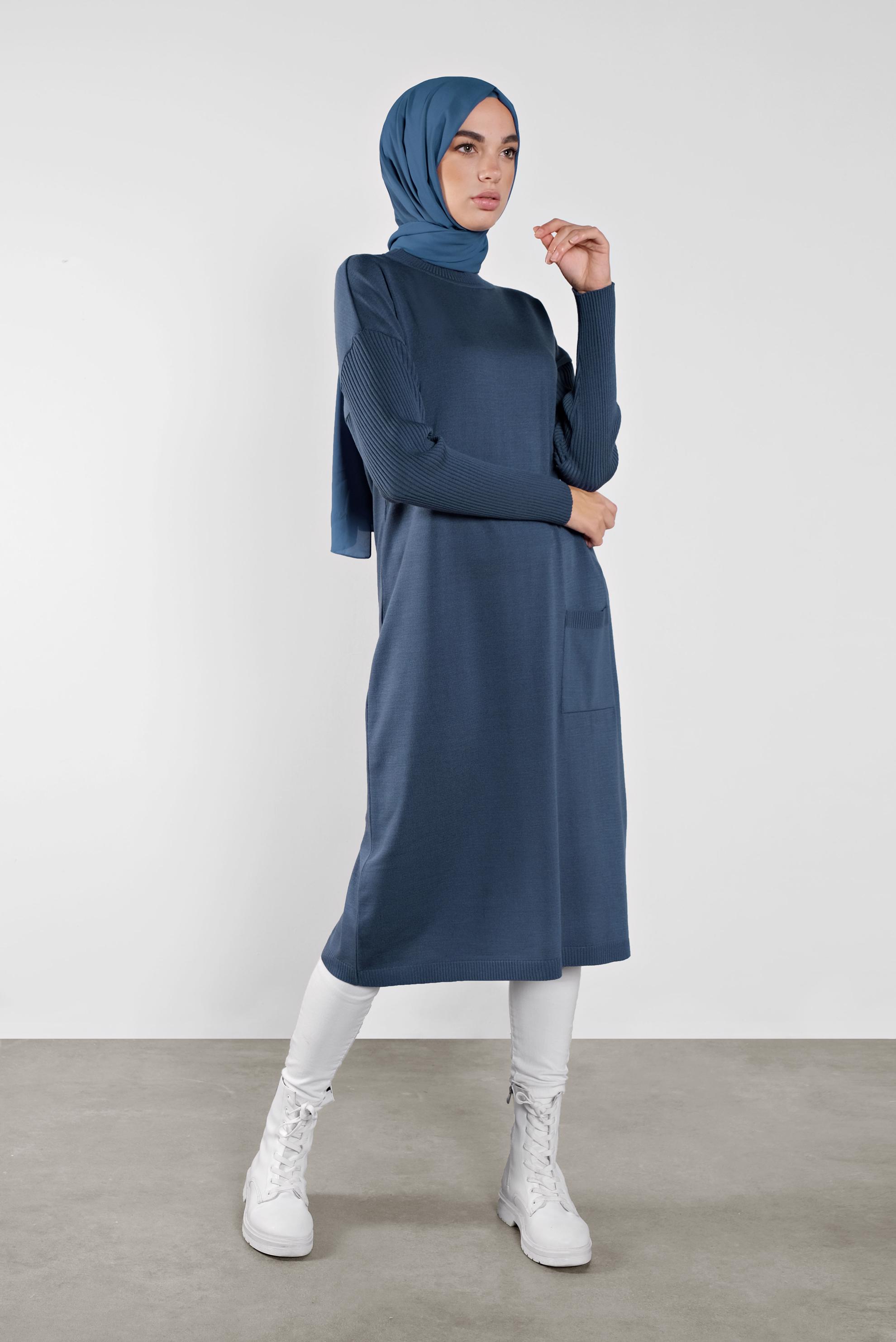 Tesettür giyim LACİVERT CEP DETAYLI TRİKO TUNİK 41069 