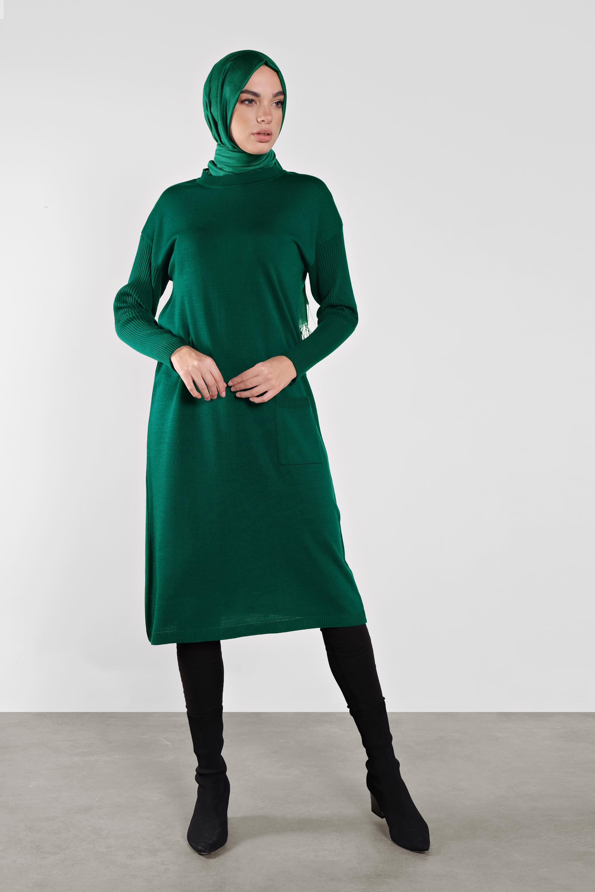 Tesettür giyim YEŞİL CEP DETAYLI TRİKO TUNİK 41069 