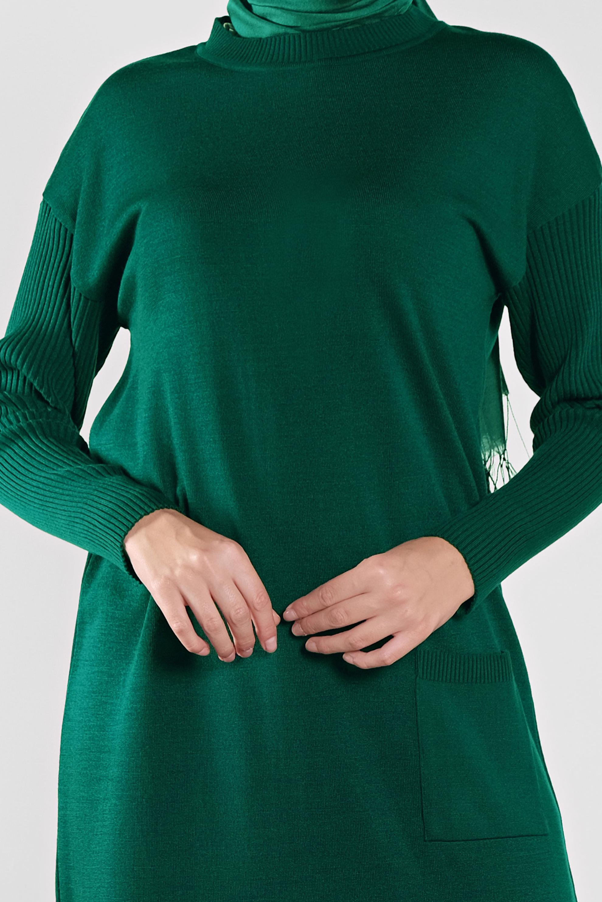 Tesettür giyim YEŞİL CEP DETAYLI TRİKO TUNİK 41069 