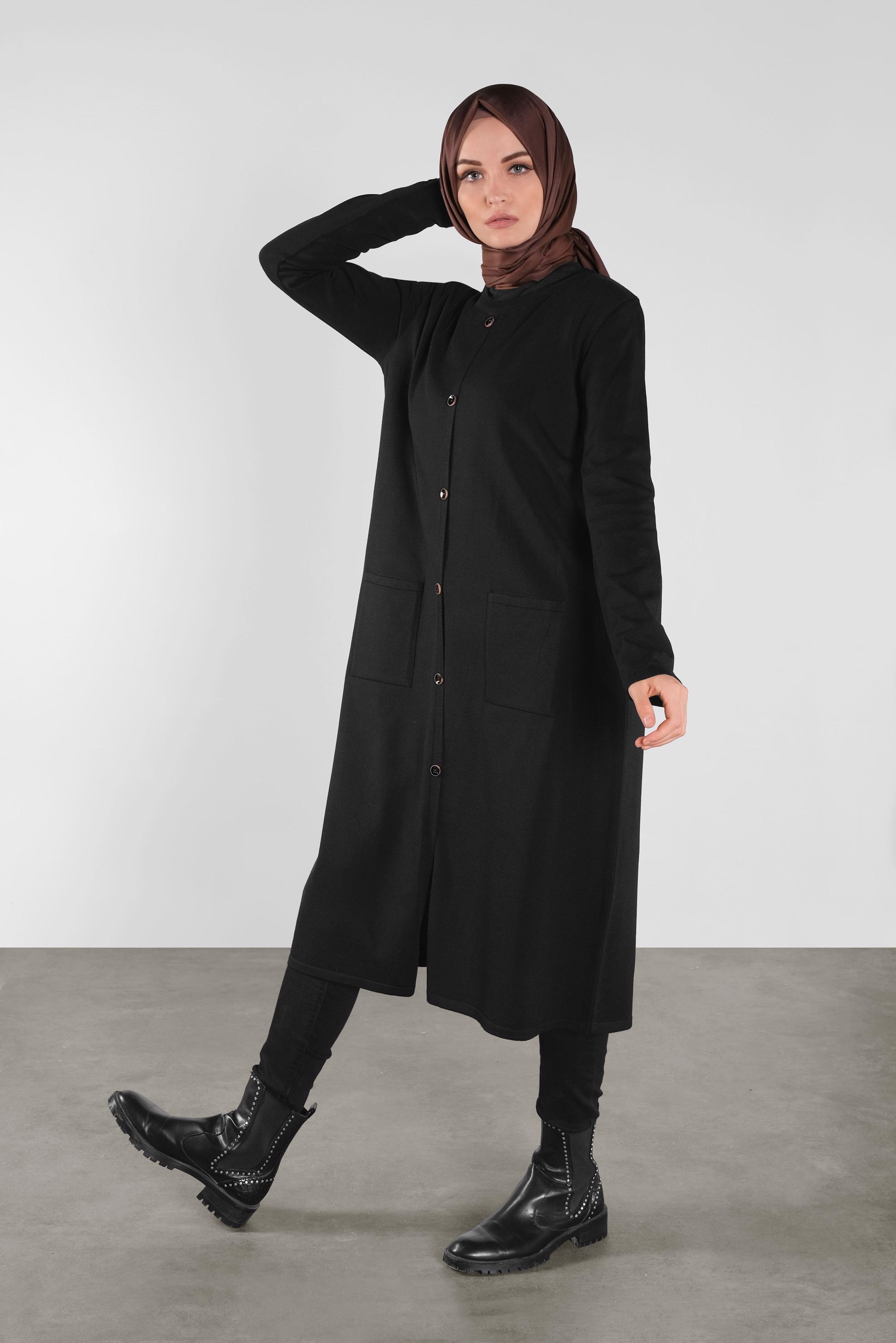 Tesettür giyim SİYAH DÜĞMELİ CEPLİ TRİKO TUNİK 41070