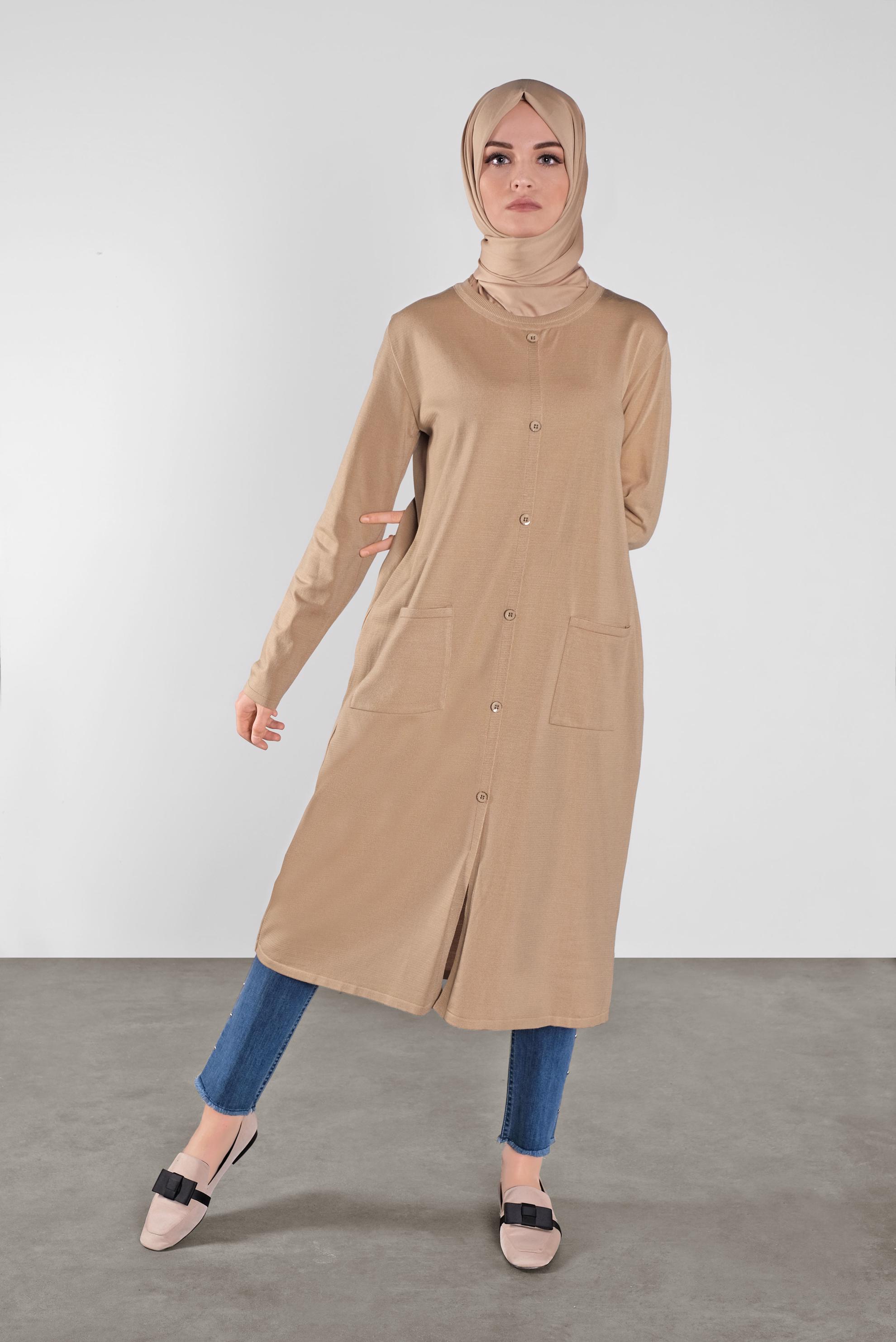 Tesettür giyim KAHVE DÜĞMELİ CEPLİ TRİKO TUNİK 41070