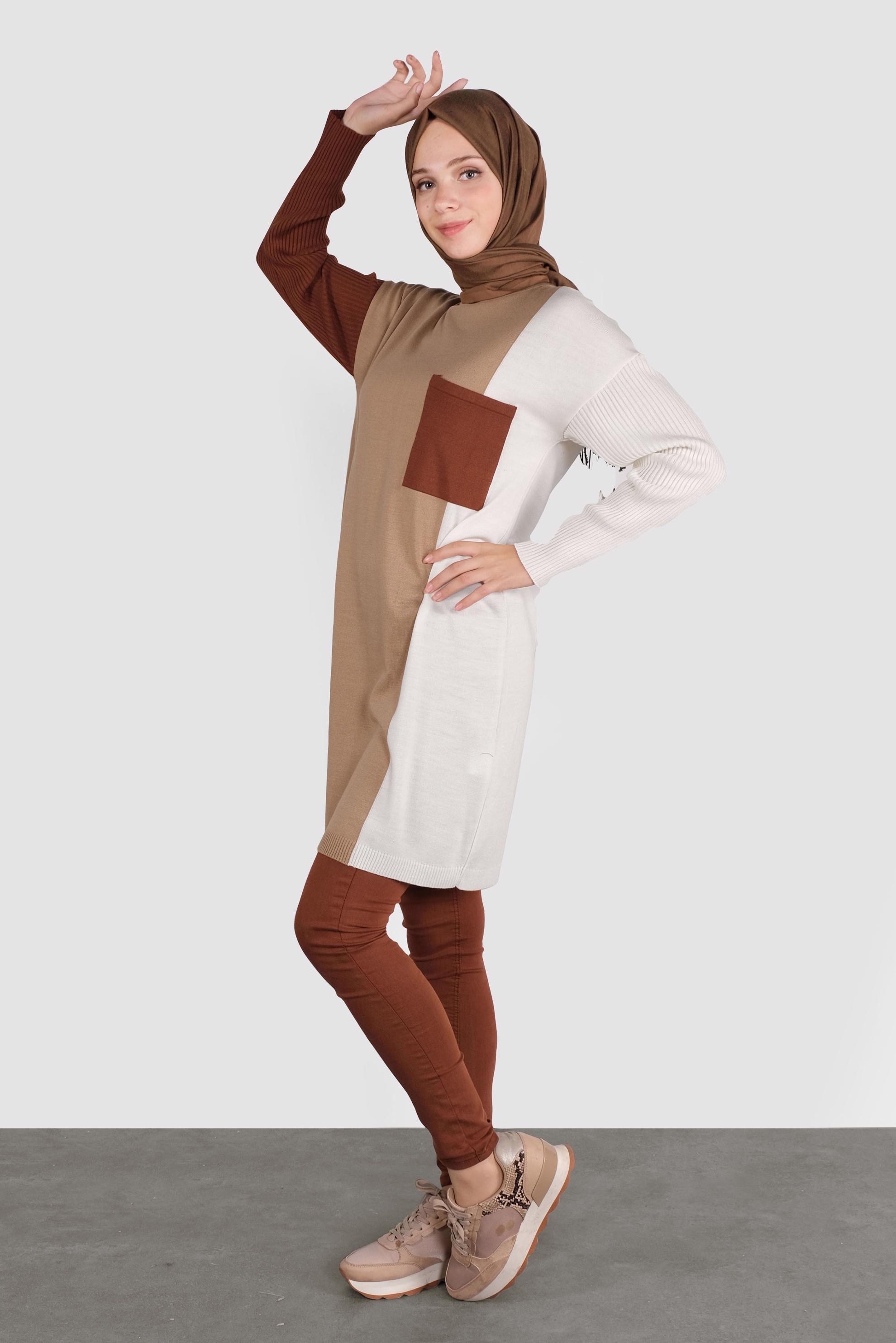 Tesettür giyim KAHVE CEPLİ TRİKO TUNİK 41071 