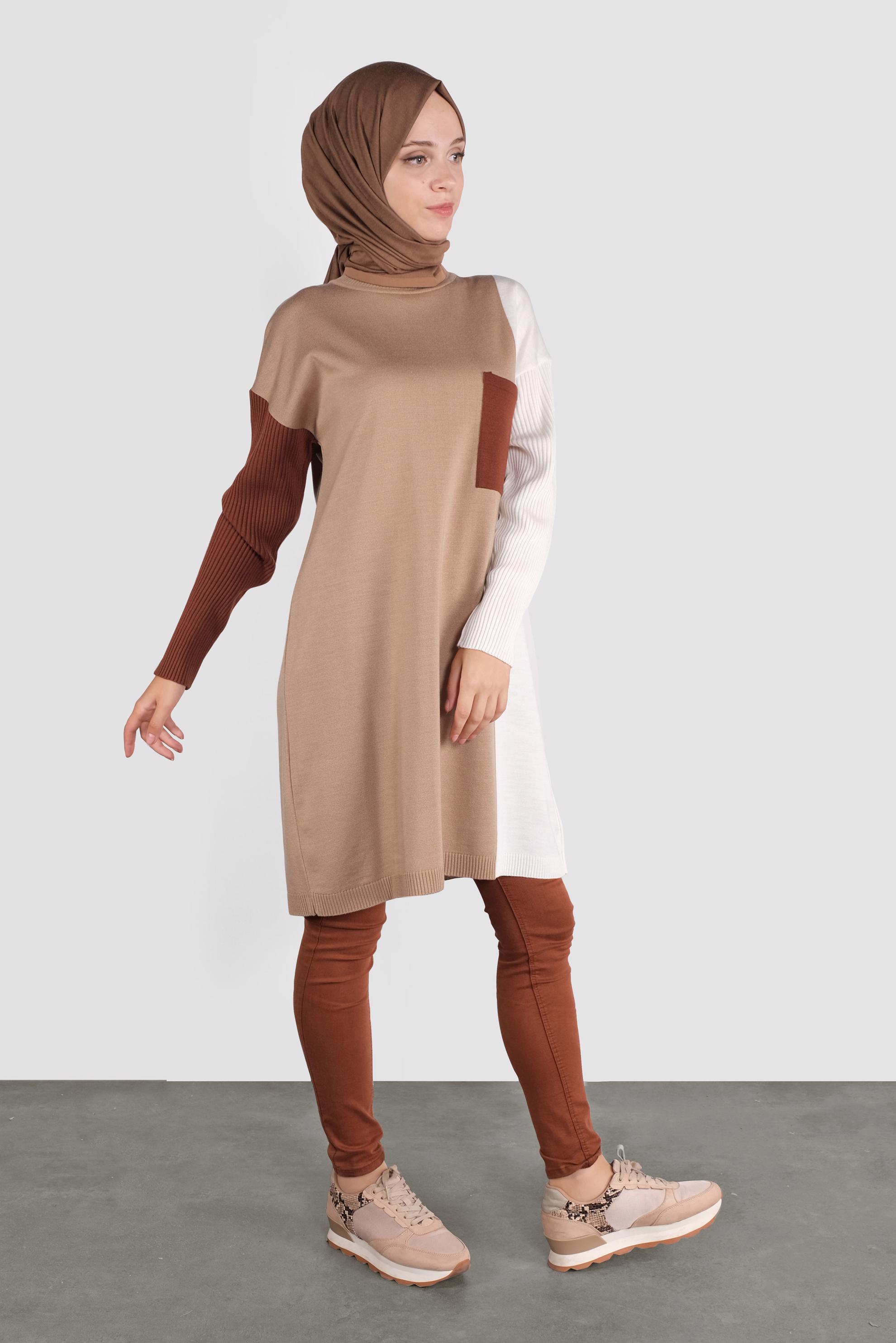 Tesettür giyim KAHVE CEPLİ TRİKO TUNİK 41071 