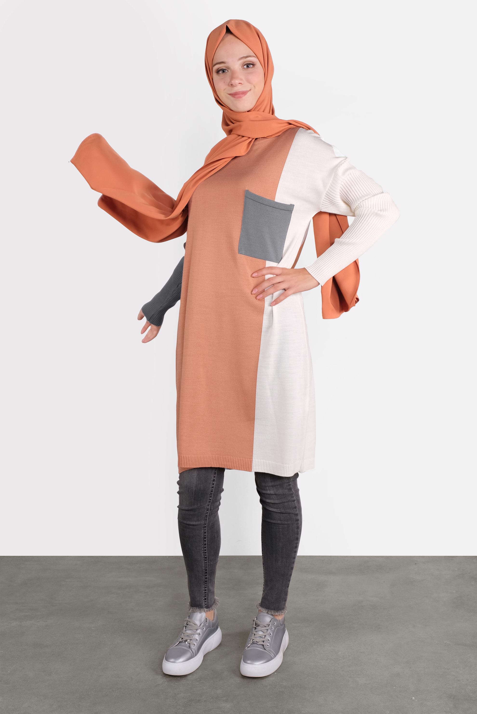 Tesettür giyim KAHVE CEPLİ TRİKO TUNİK 41071 