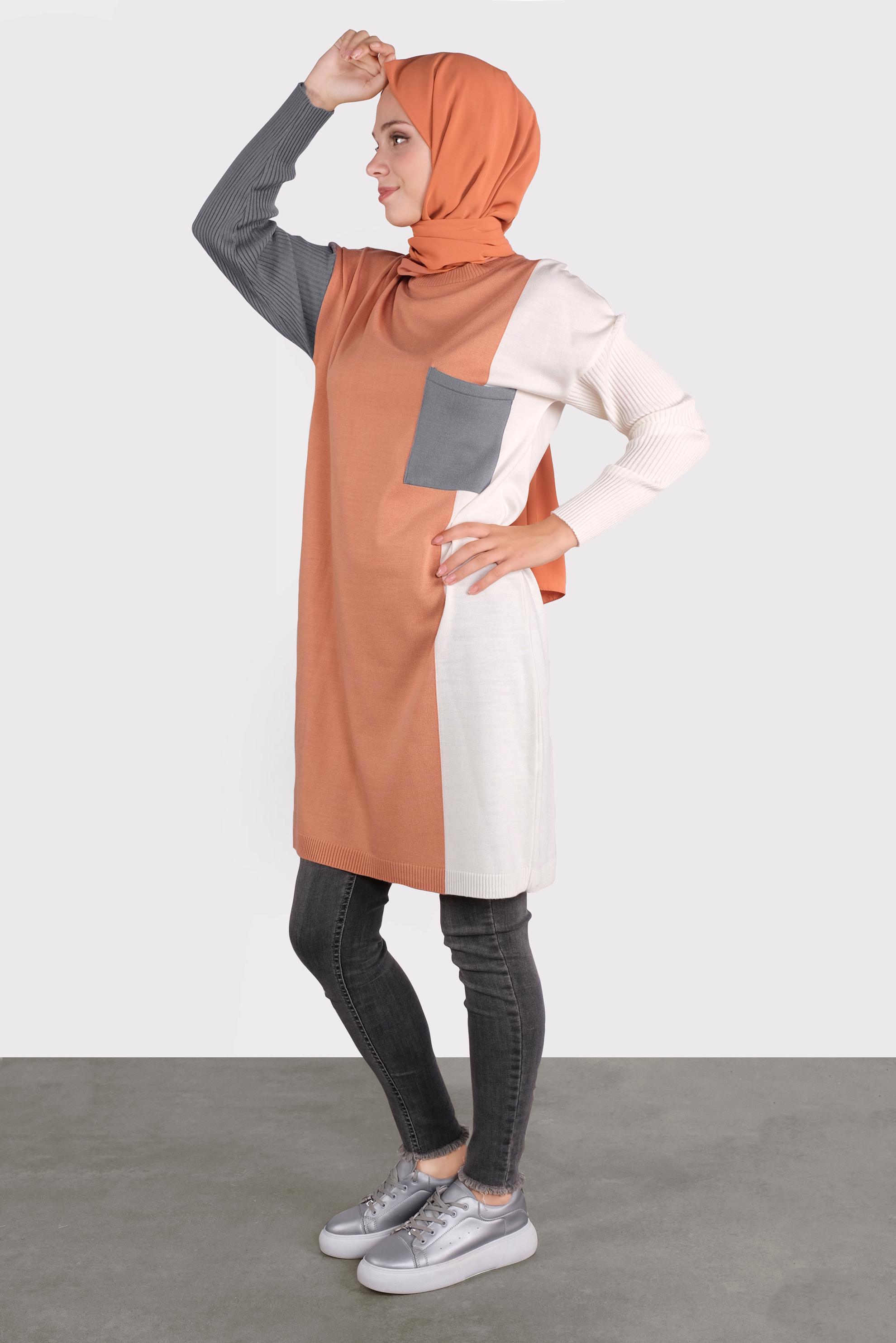 Tesettür giyim KAHVE CEPLİ TRİKO TUNİK 41071 