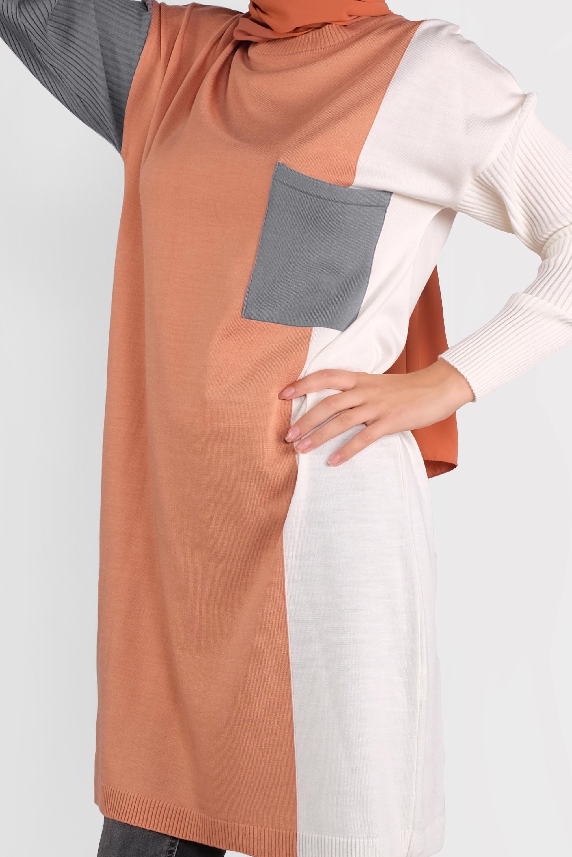 Tesettür giyim KAHVE CEPLİ TRİKO TUNİK 41071 