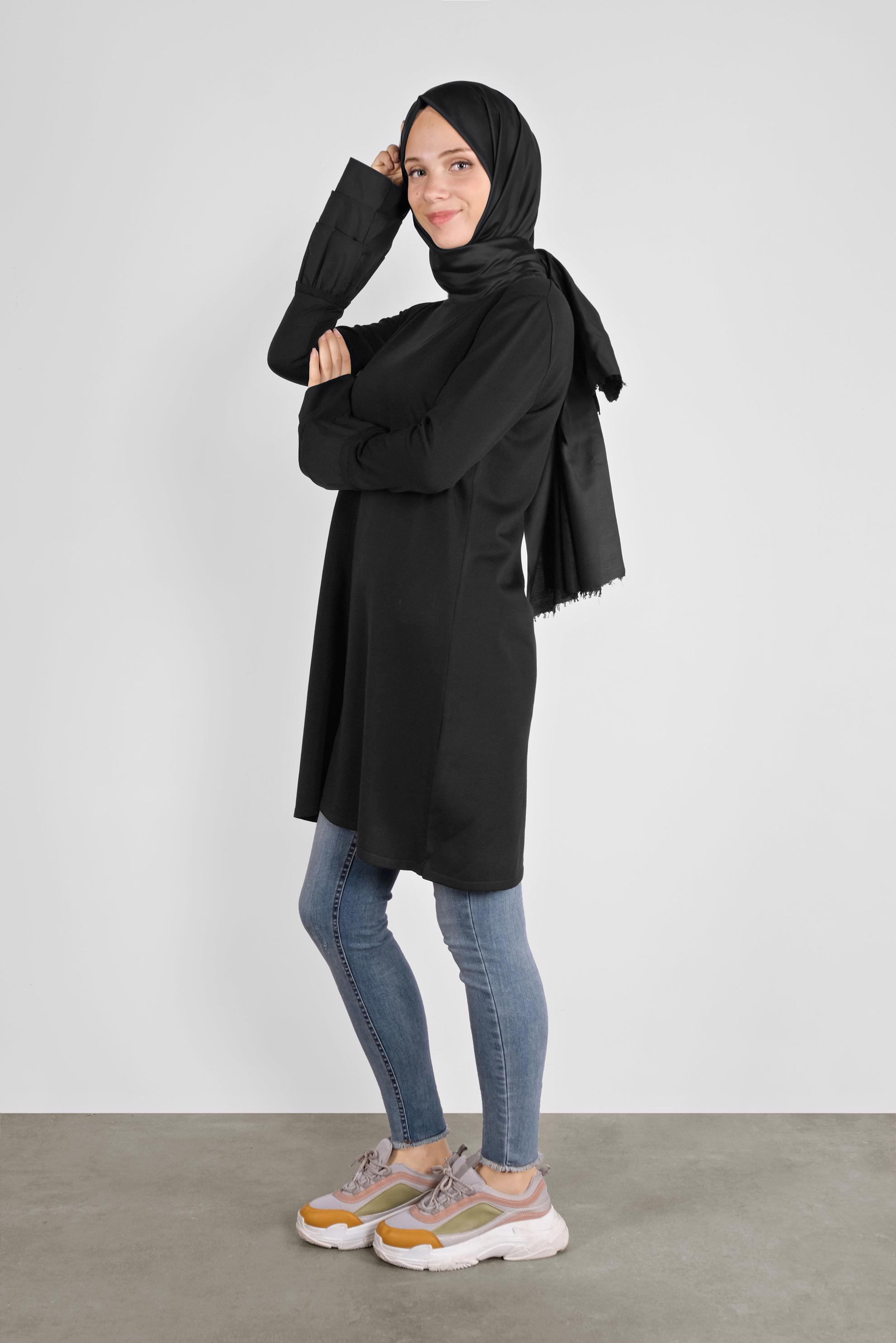 Tesettür giyim SİYAH  VOLANLI İNCE TRİKO TUNİK  41072 