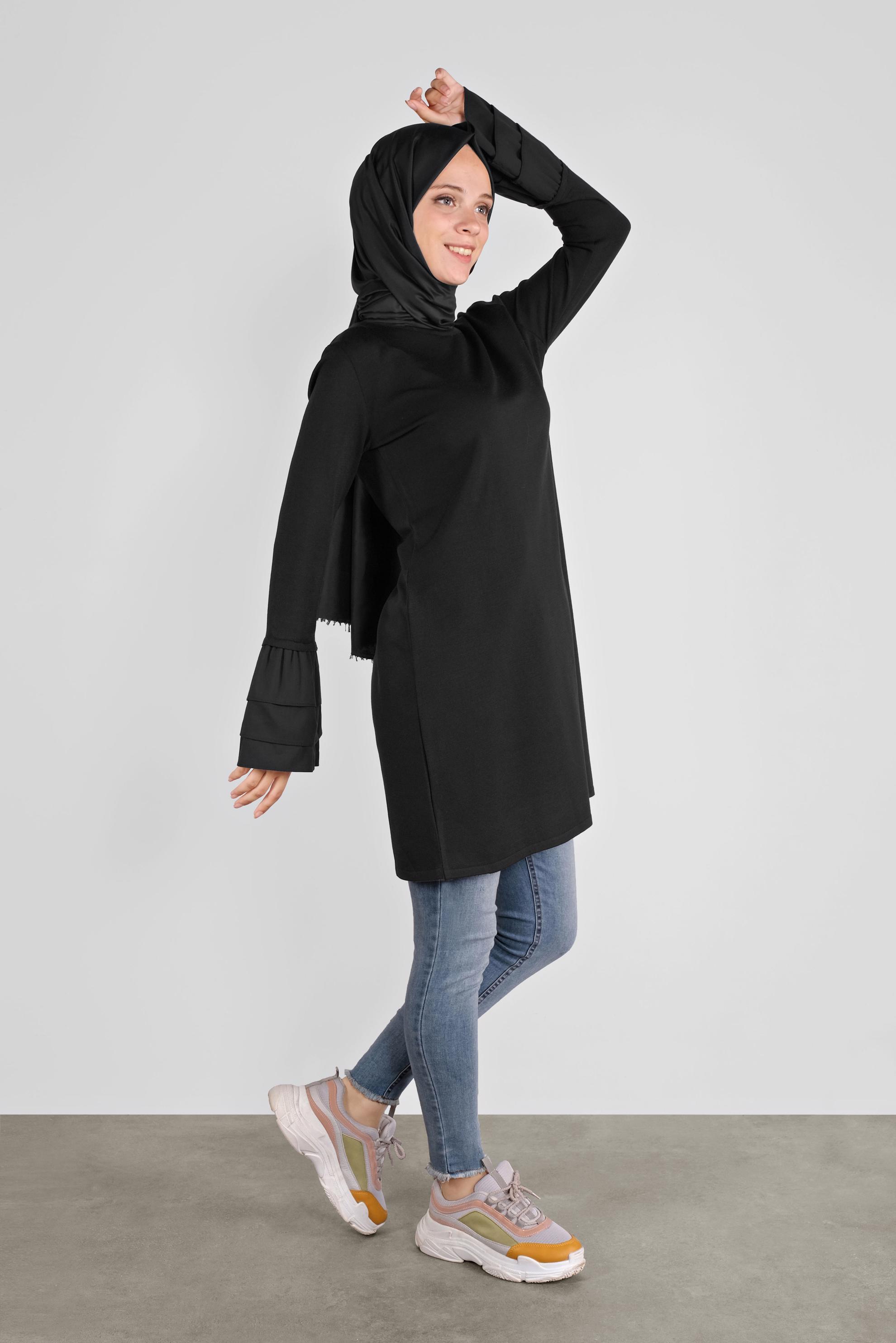 Tesettür giyim SİYAH  VOLANLI İNCE TRİKO TUNİK  41072 