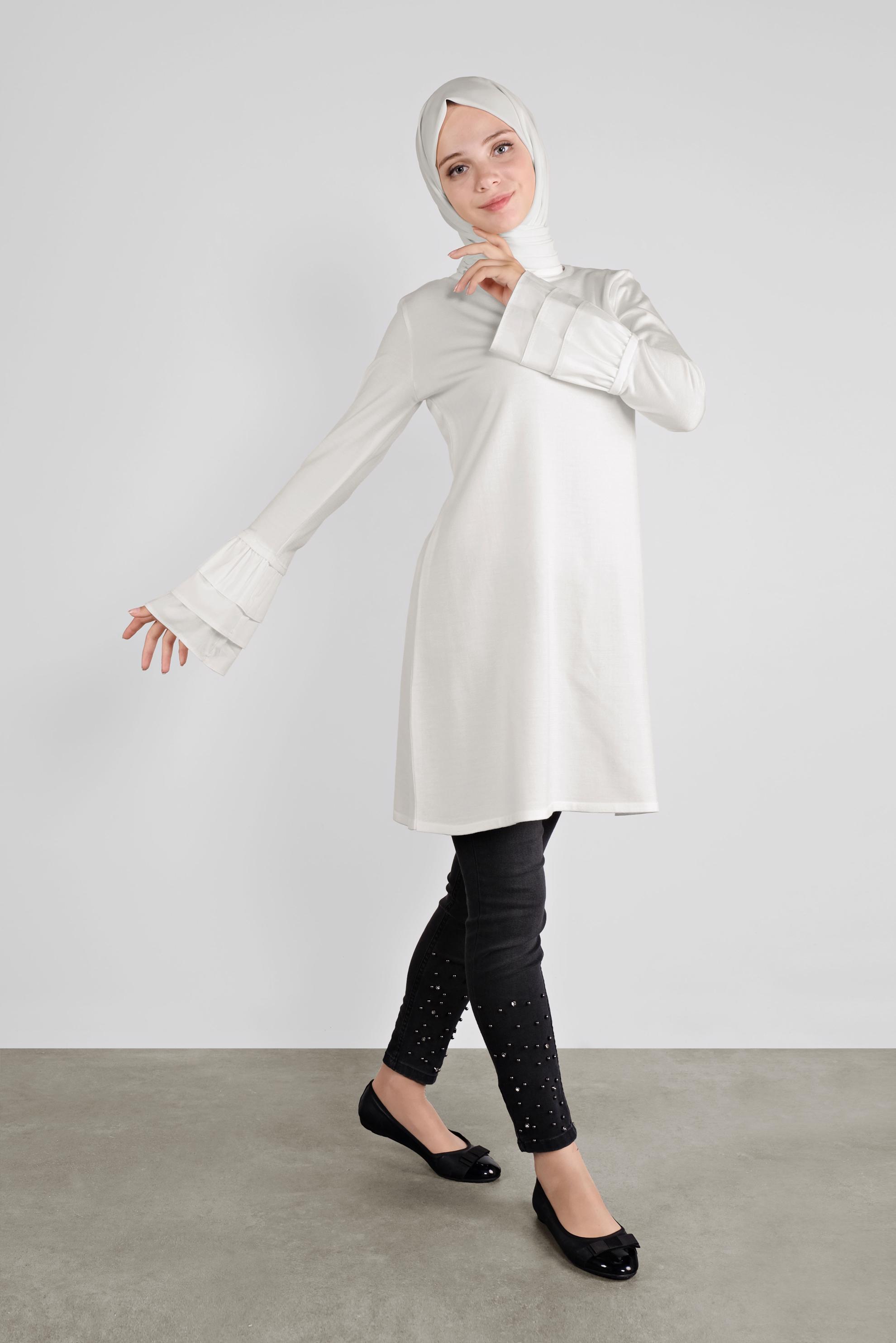 Tesettür giyim BEYAZ  VOLANLI İNCE TRİKO TUNİK  41072 