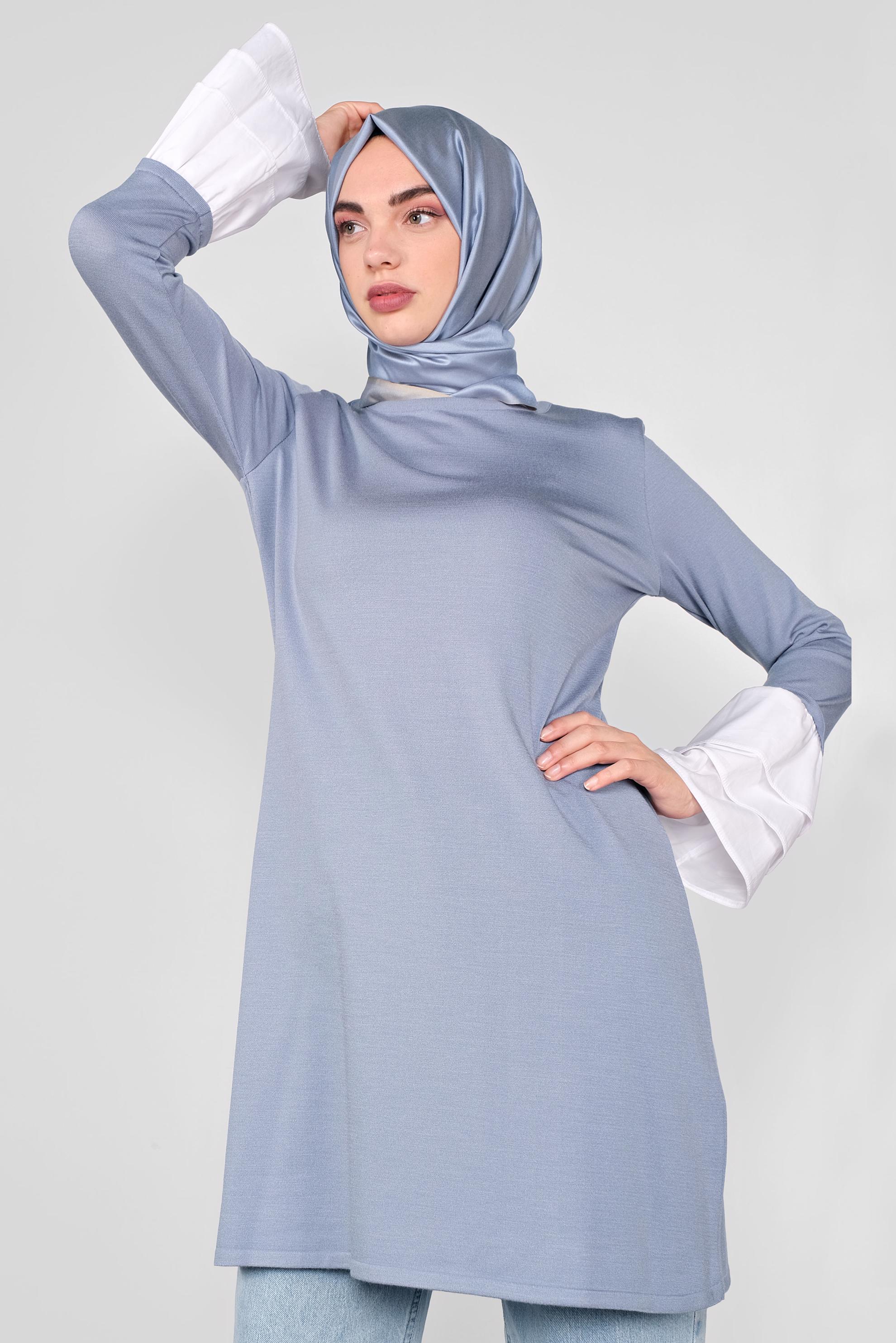 Tesettür giyim MAVİ  VOLANLI İNCE TRİKO TUNİK  41072 