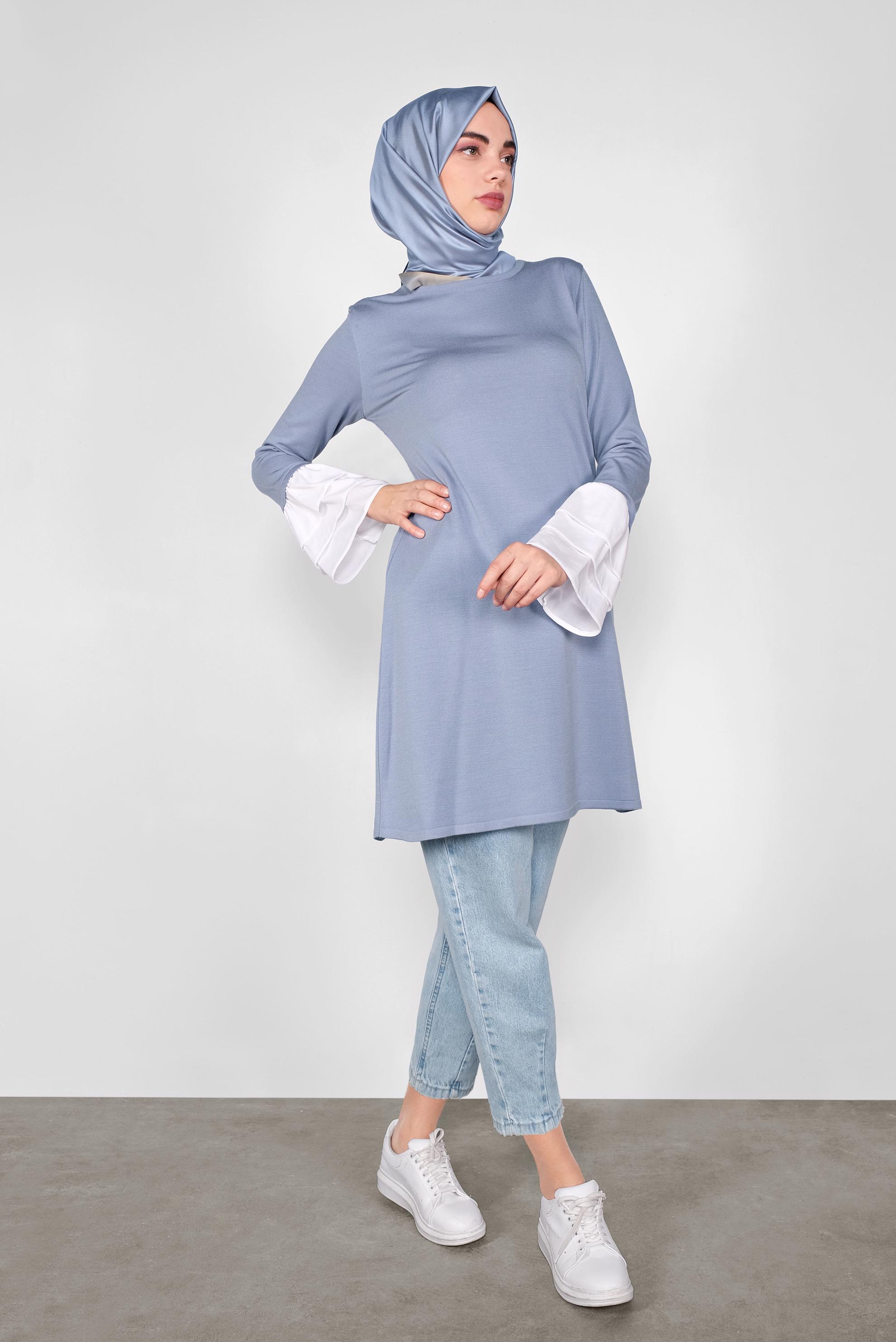 Tesettür giyim MAVİ  VOLANLI İNCE TRİKO TUNİK  41072 