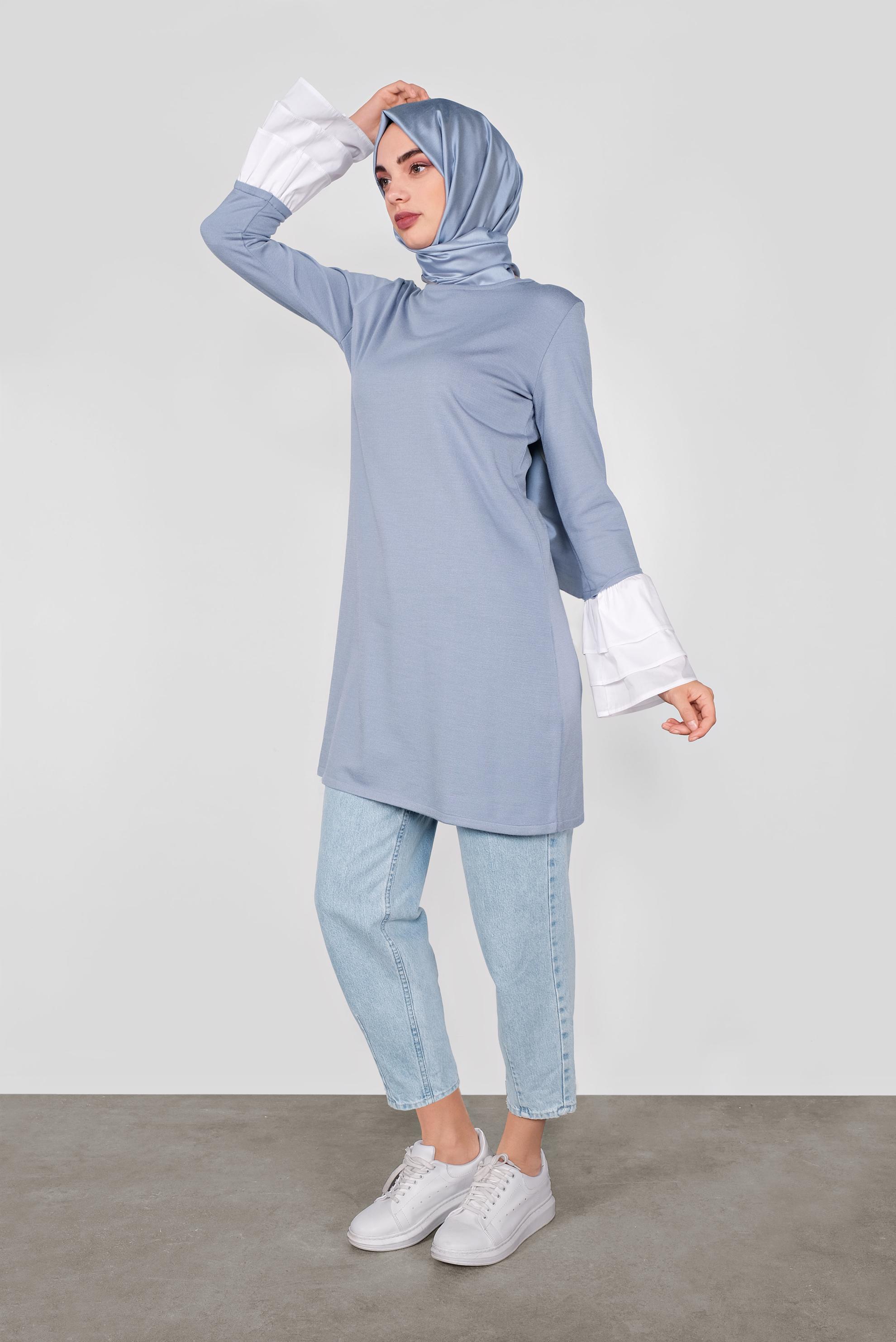 Tesettür giyim MAVİ  VOLANLI İNCE TRİKO TUNİK  41072 