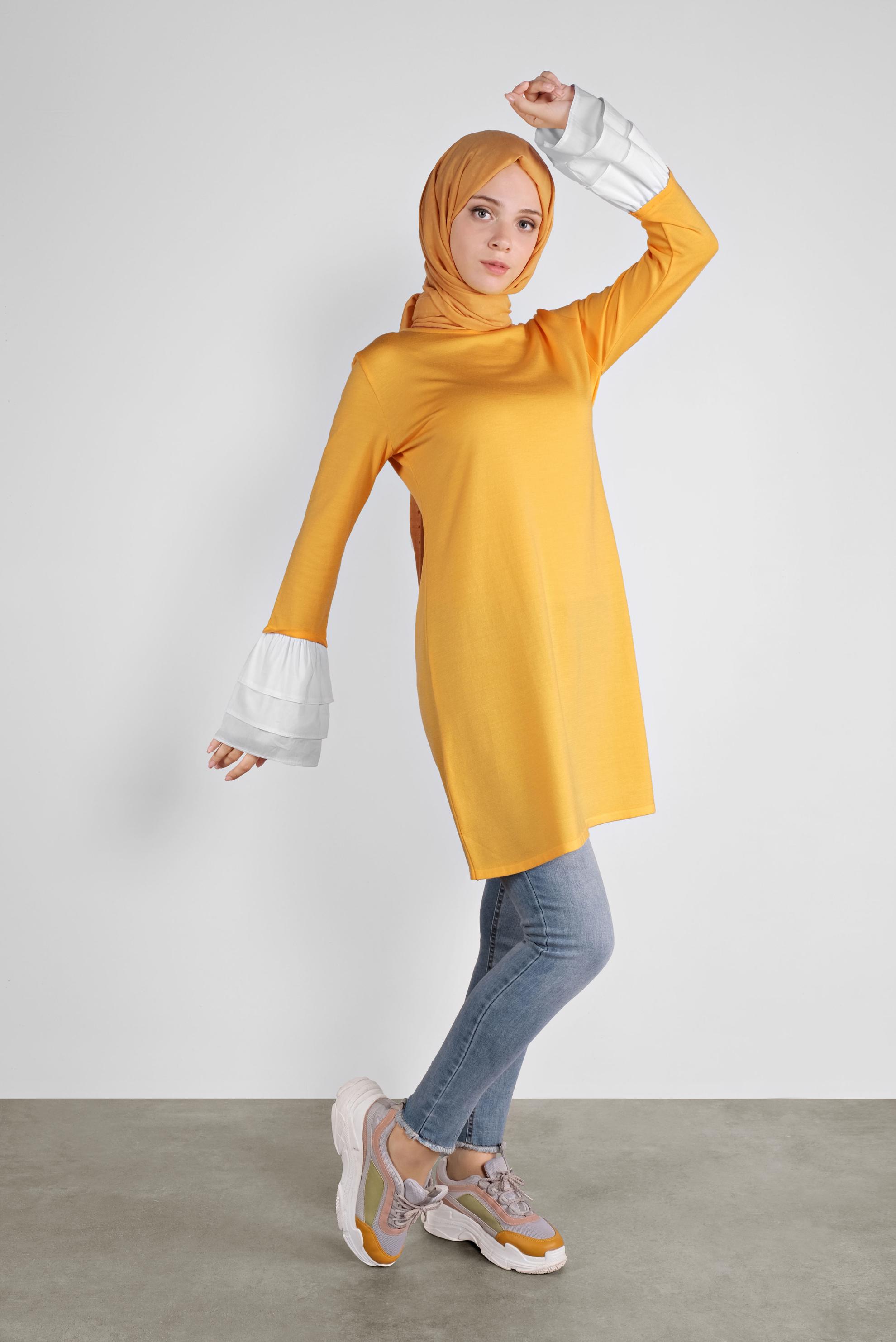 Tesettür giyim SARI  VOLANLI İNCE TRİKO TUNİK  41072 